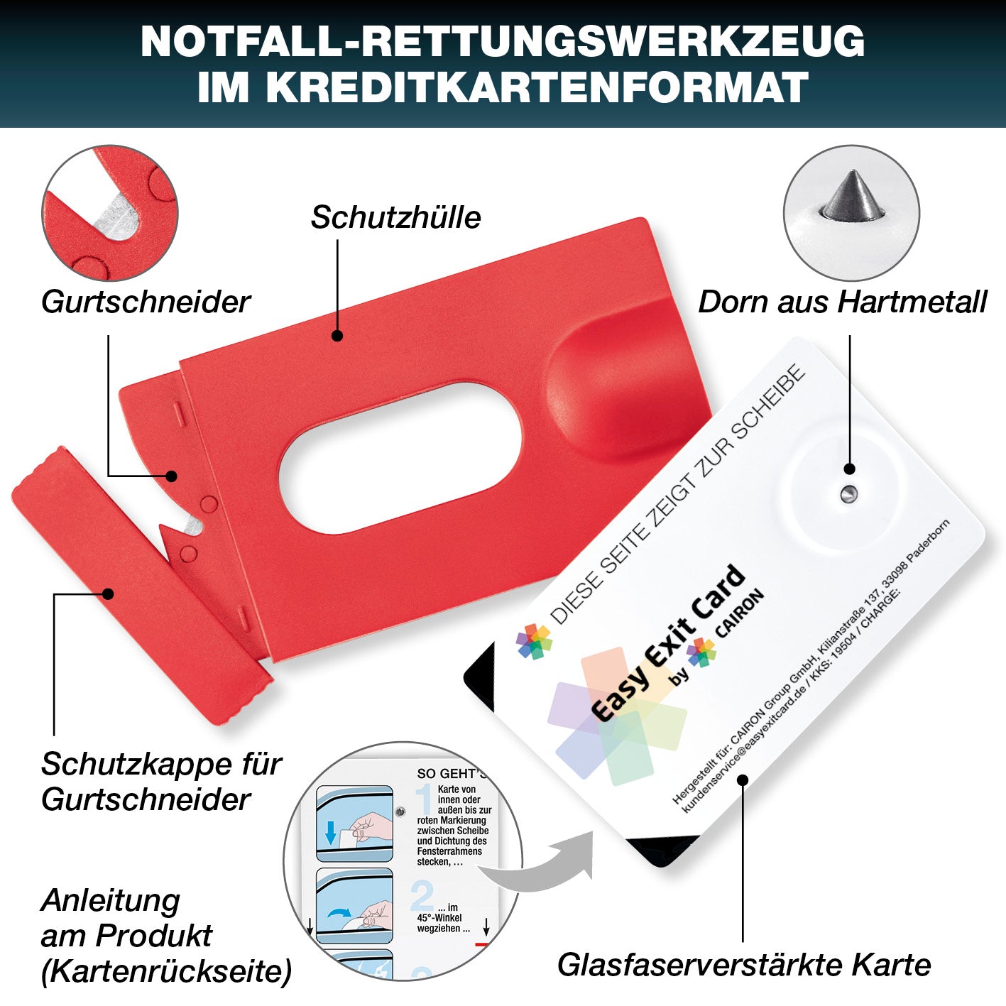 Notfall-Rettungswerkzeug im Kartenformat mit Gurtschneider