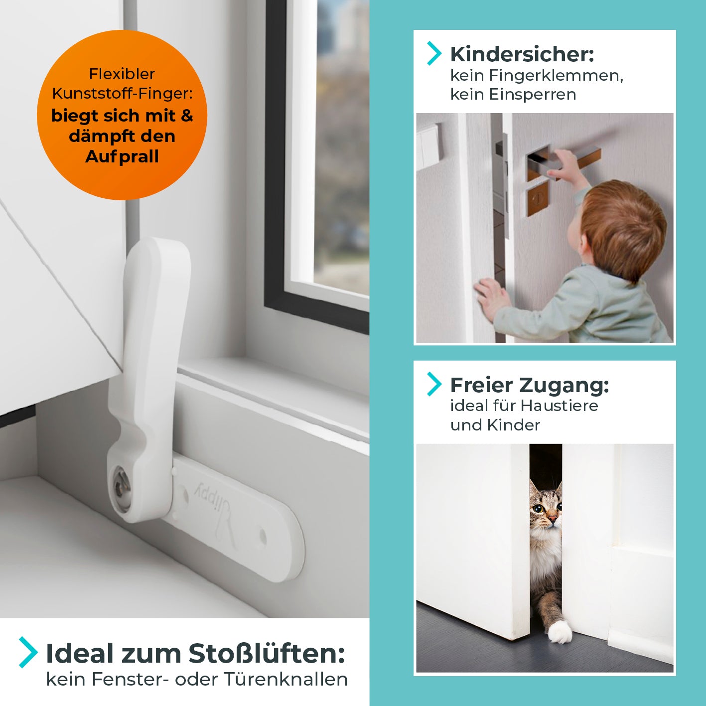 Tür- & Fensterstopper - 8er-Set mit flexiblem Kunststoff-Finger, kinder- und haustiersicher, verhindert Zuschlagen beim Stoßlüften.