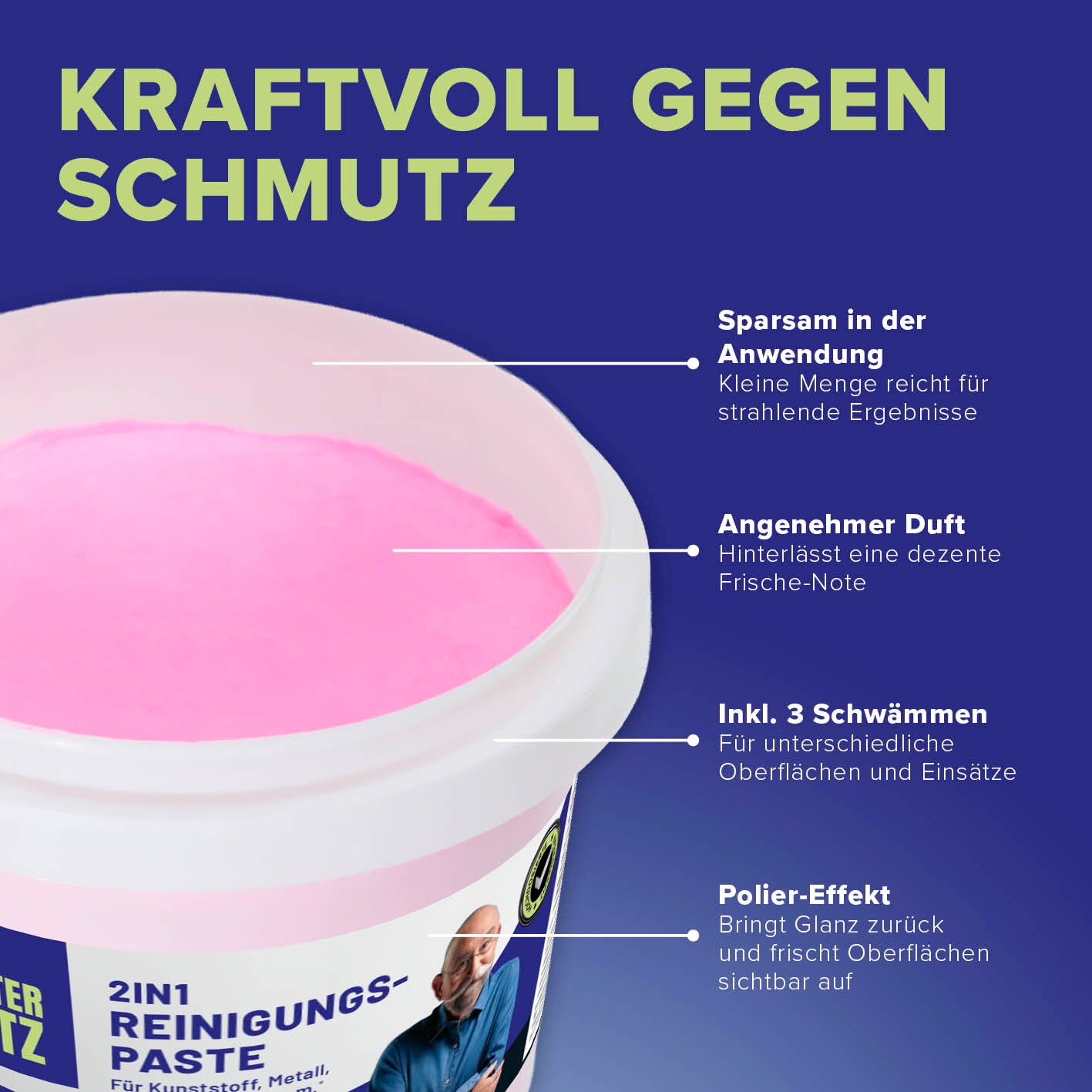 2in1-Reinigungspaste mit 3 Schwämmen, poliert und reinigt effektiv, hinterlässt angenehmen Duft, sparsame Anwendung für strahlende Oberflächen.