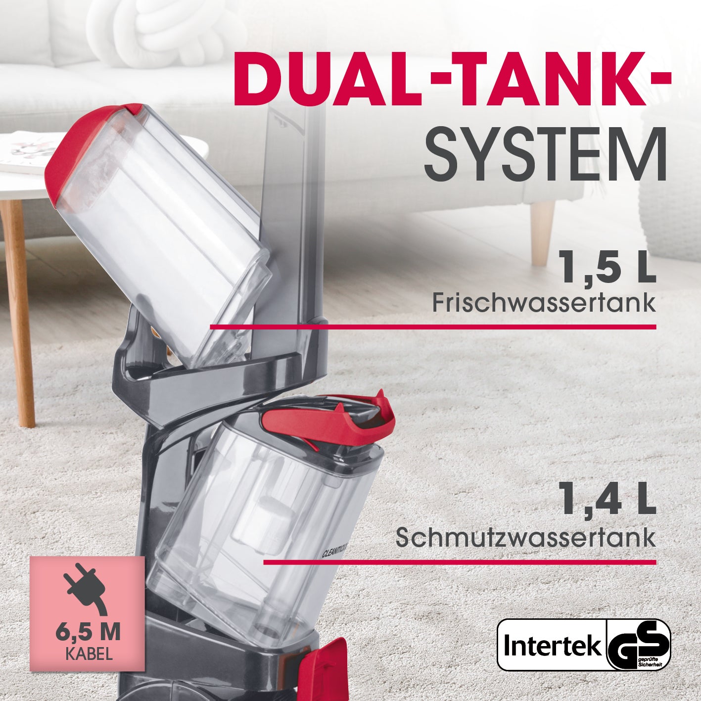 Teppichreiniger AquaStream Plus mit Dual-Tank-System, 1,5 L Frischwasser- und 1,4 L Schmutzwassertank für effiziente Reinigung