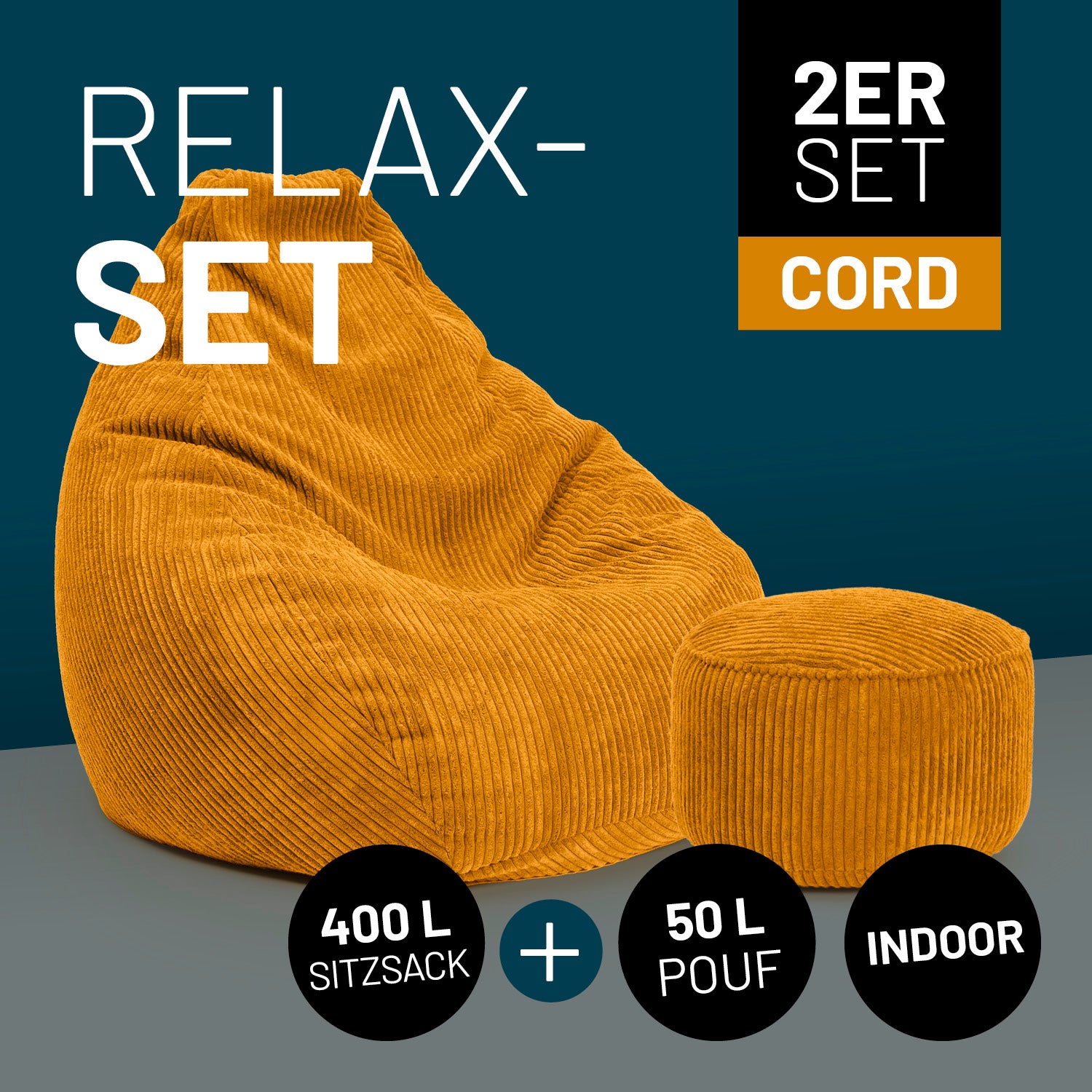 Relax-Set Cord – Sitzsack GIANT (400 L) + Pouf (50 L) - Senfgelb