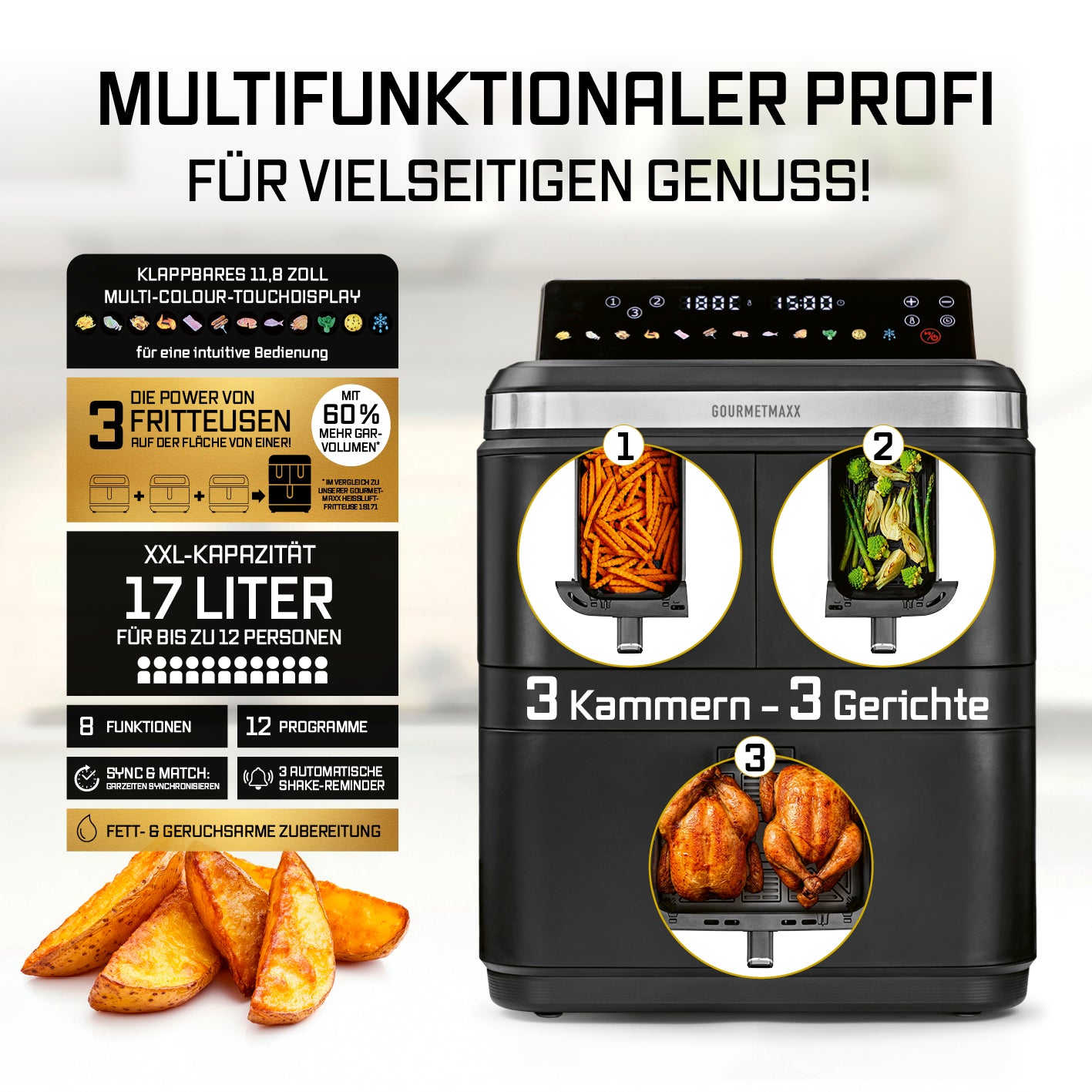 FryUp3 Vertikale 3-Kammer-Heißluftfritteuse - 17 Liter (2 x 4 + 1 x 9 l)