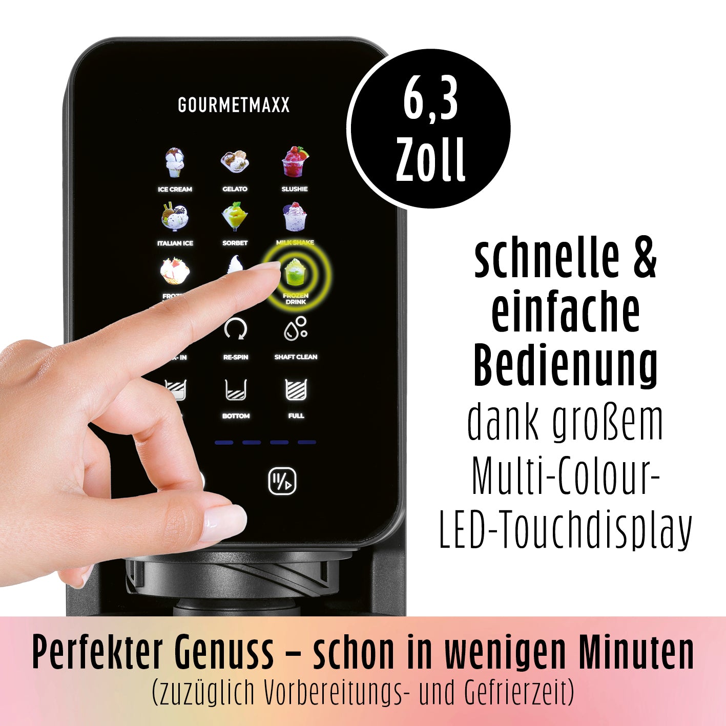 Eismaschine SmoothUp Touch mit 6,3 Zoll Farb-Touchdisplay für schnelle, einfache Bedienung und vielfältige Eisprogramme.