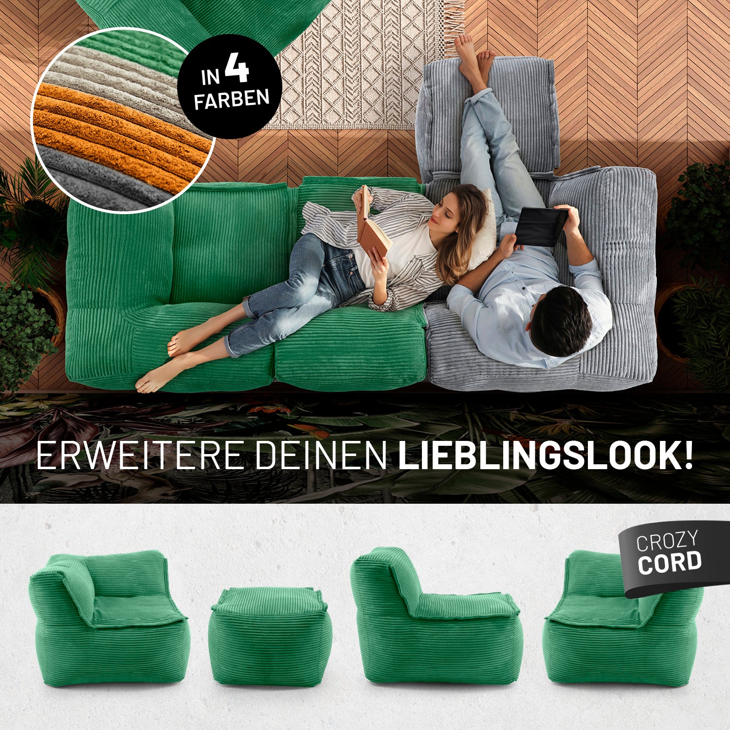 Modularer Sessel aus der LUMALAND Cord-Reihe - 400 L - 96 x 72 x 70 cm - Dunkelgrün in verschiedenen Sitz- und Liegevarianten.