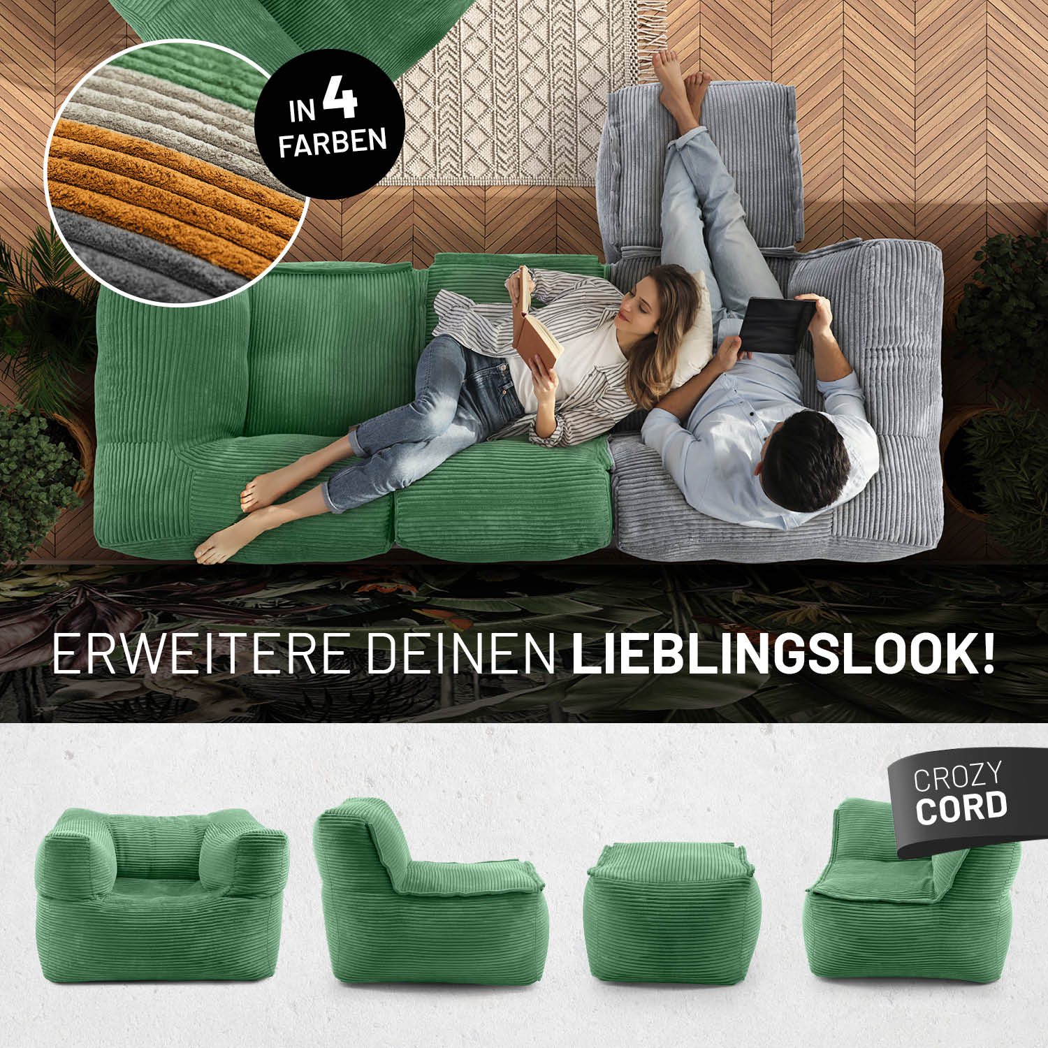 Modulares Eckteil links aus der LUMALAND Cord-Reihe - 340 L in Dunkelgrün, gemütlich und vielseitig kombinierbar im Wohnbereich.