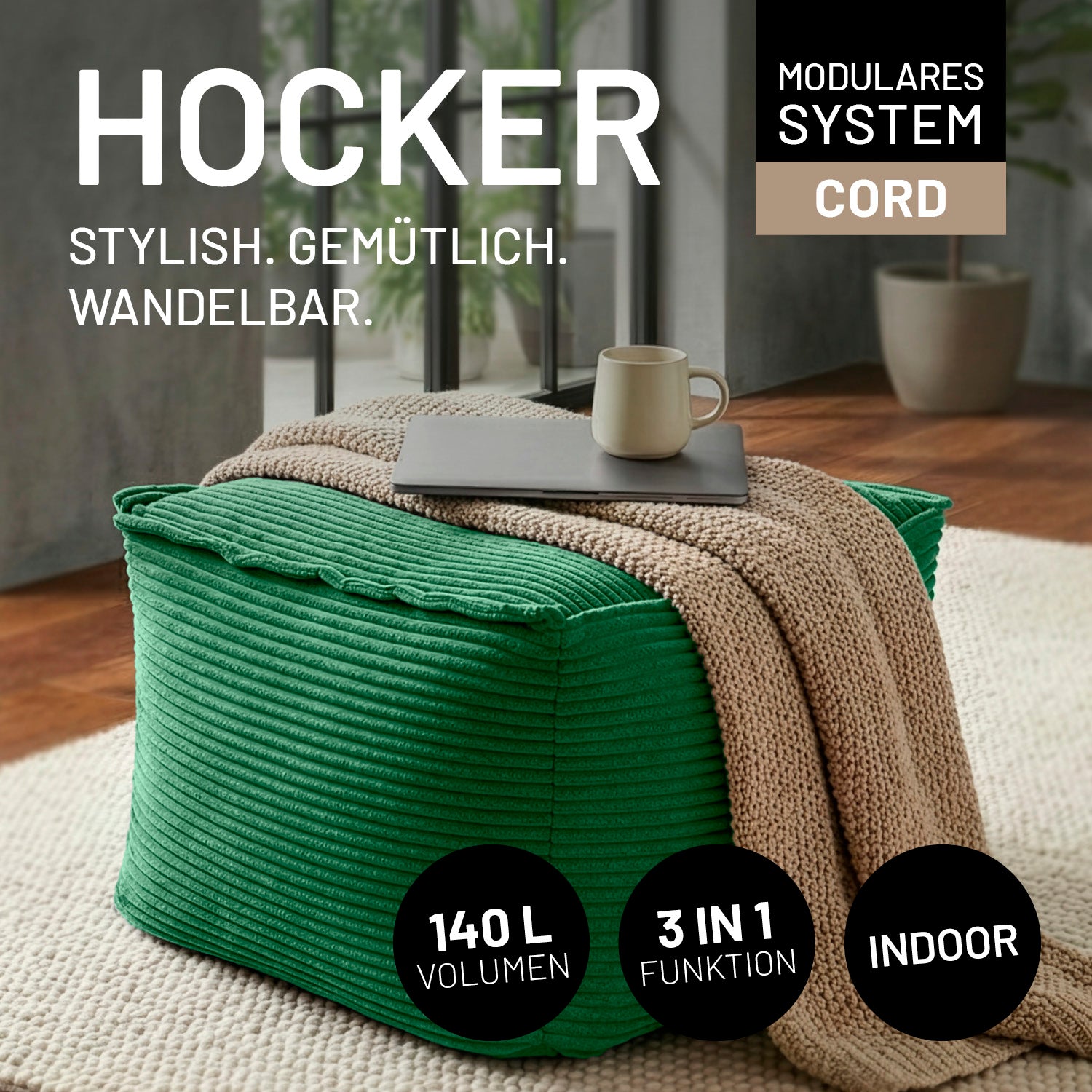 Modularer Hocker aus der LUMALAND Cord-Reihe - 140 L - 54 x 54 x 40 cm - Dunkelgrün mit gemütlichem Cordbezug und vielseitiger Nutzungsmöglichkeit.
