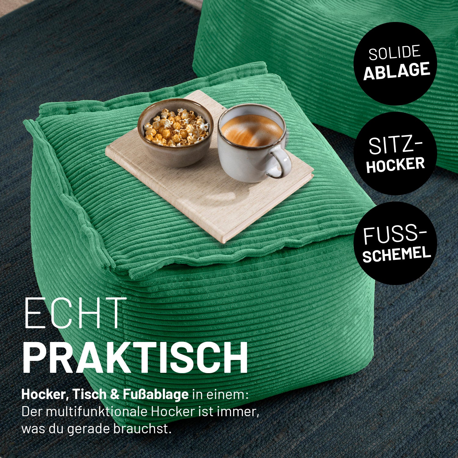 Modulares Basic-Set aus der LUMALAND Cord-Reihe - 5-tlg. - Dunkelgrün vielseitiger Hocker als Sitz, Fußschemel und Ablage aus weichem Cordstoff.
