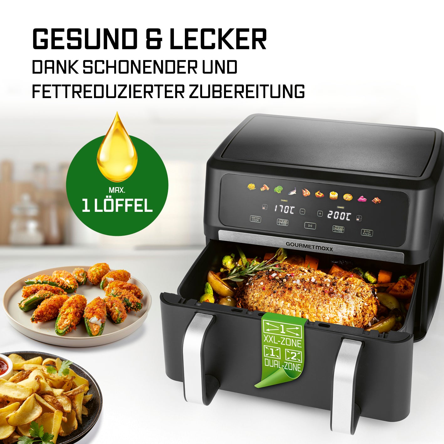 AirGenius Vario-Kammer-Heißluftfritteuse - 10 Liter (2 x 5 Liter) mit fettreduzierter Zubereitung und Dual-Zone Funktion