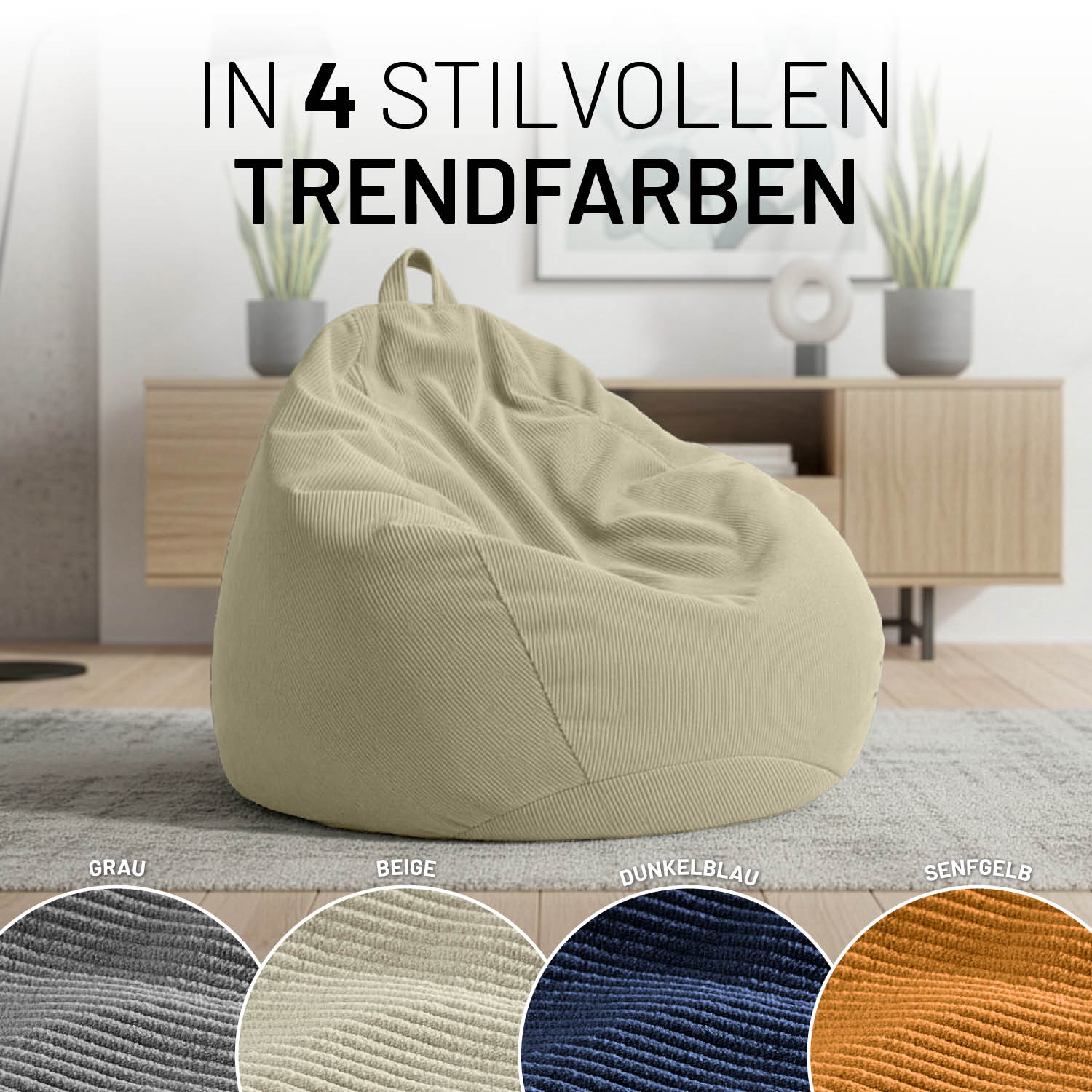 Comfort Line Sitzsack Feincord M - 120 L - Beige in modernem Wohnraum mit beigem Cord-Material auf hellem Teppich.