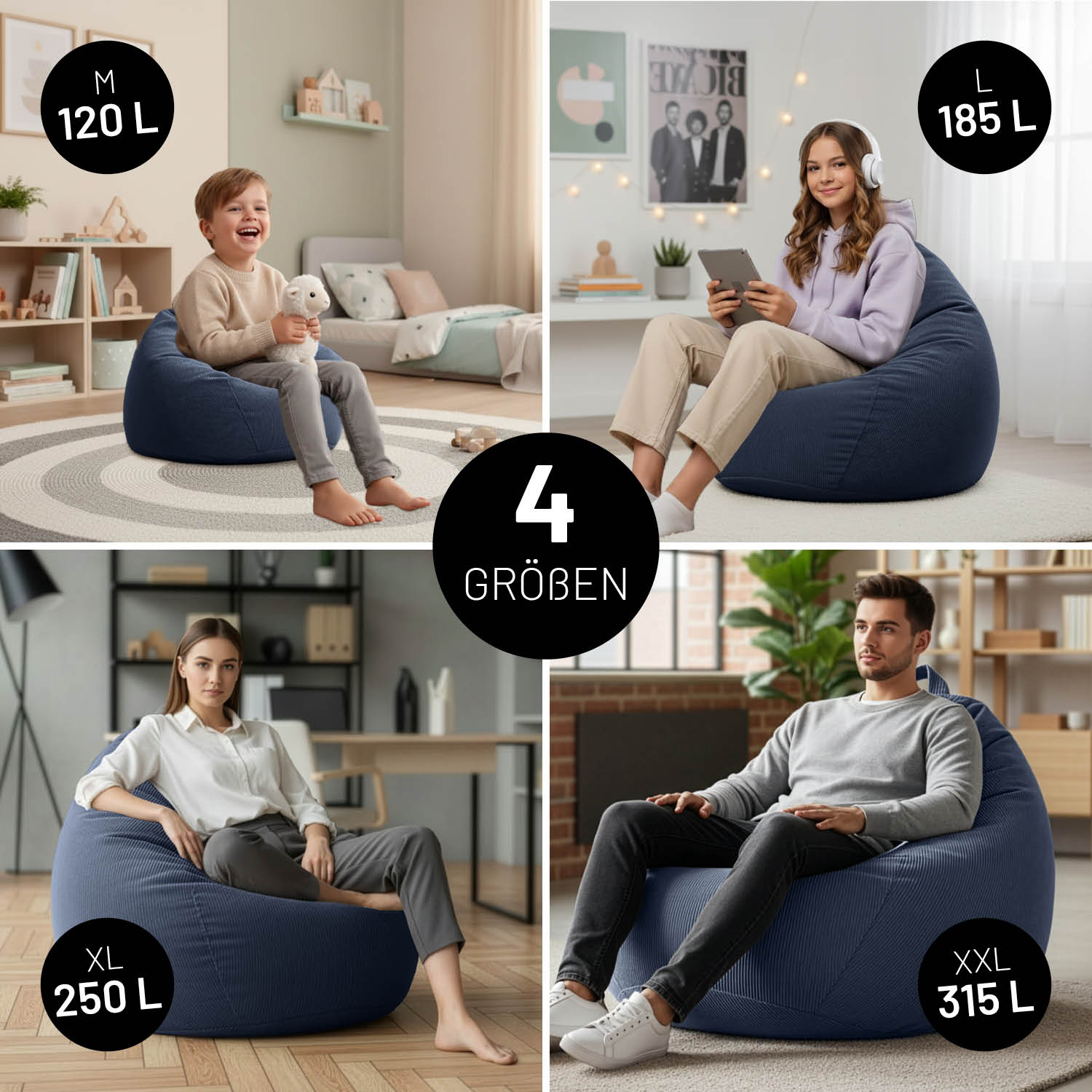 Comfort Line Sitzsack Feincord L - 185 L - Dunkelblau mit weichem Bezug, passend zum Entspannen und Lesen im modernen Wohnraum.