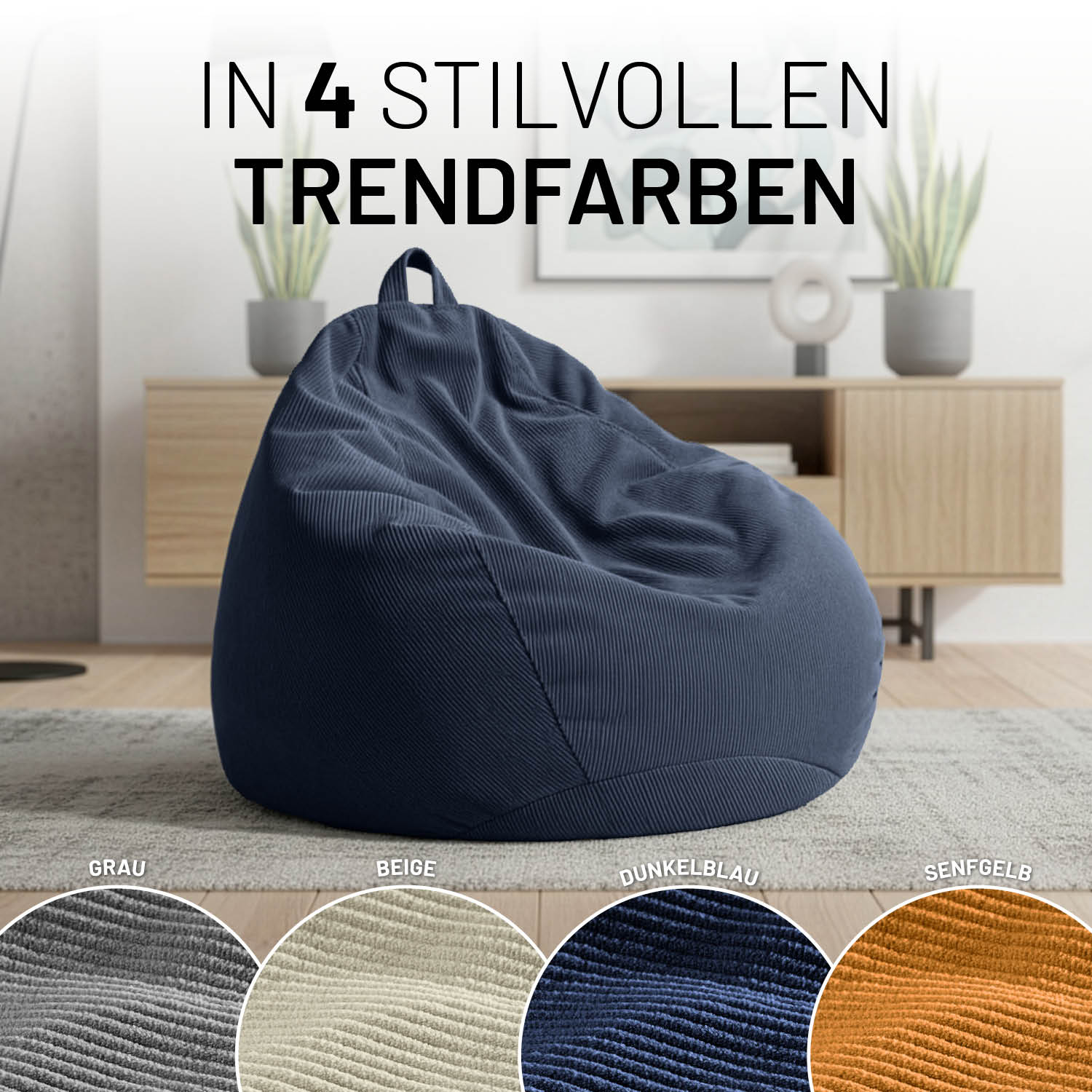 Comfort Line Sitzsack Feincord L - 185 L - Dunkelblau aus weichem Feincordstoff in stilvollem Dunkelblau im Wohnzimmer.