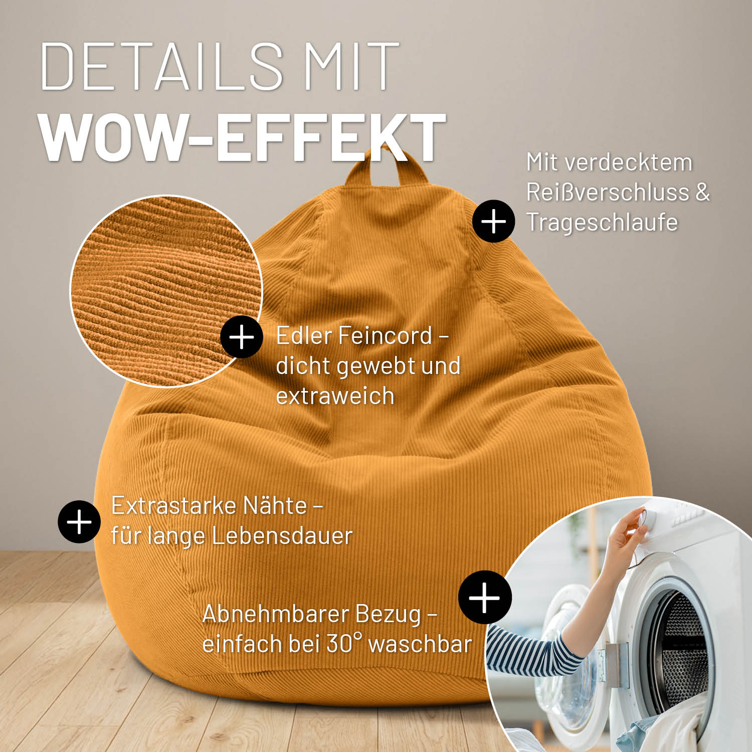 Comfort Line Sitzsack Feincord L - 185 L - Senfgelb mit weichem Feincordbezug, verstecktem Reißverschluss und waschbarem Bezug bei 30 Grad.