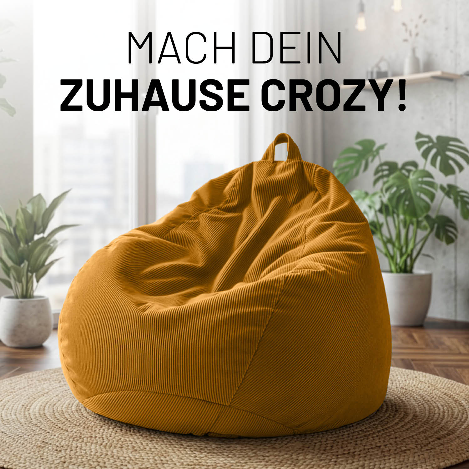 Comfort Line Sitzsack Feincord L - 185 L - Senfgelb in modernem Wohnraum mit Pflanzen und Teppich auf Holzboden