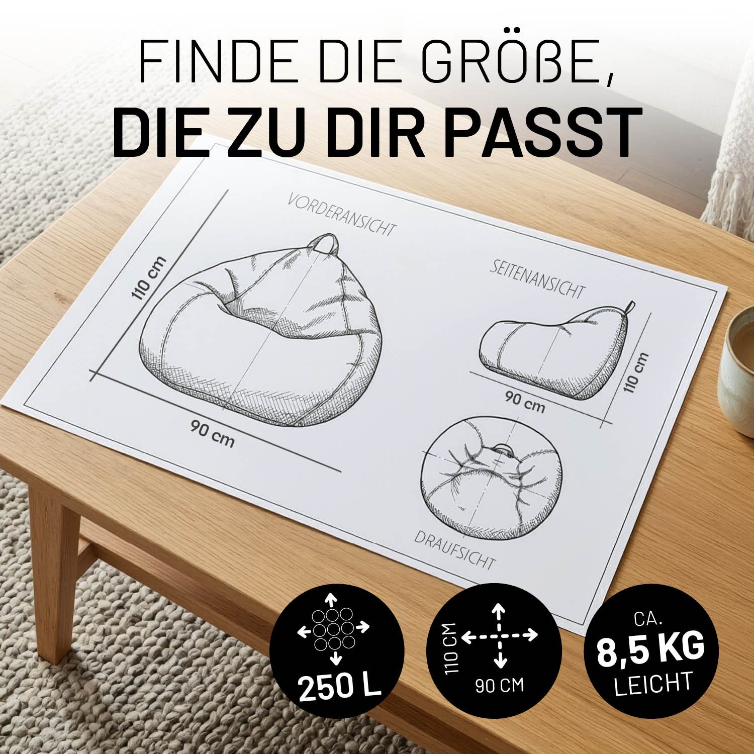 Comfort Line Sitzsack Feincord XL - 250 L - Senfgelb mit Maßen 110x90 cm und Gewicht ca. 8,5 kg auf Holztisch dargestellt.