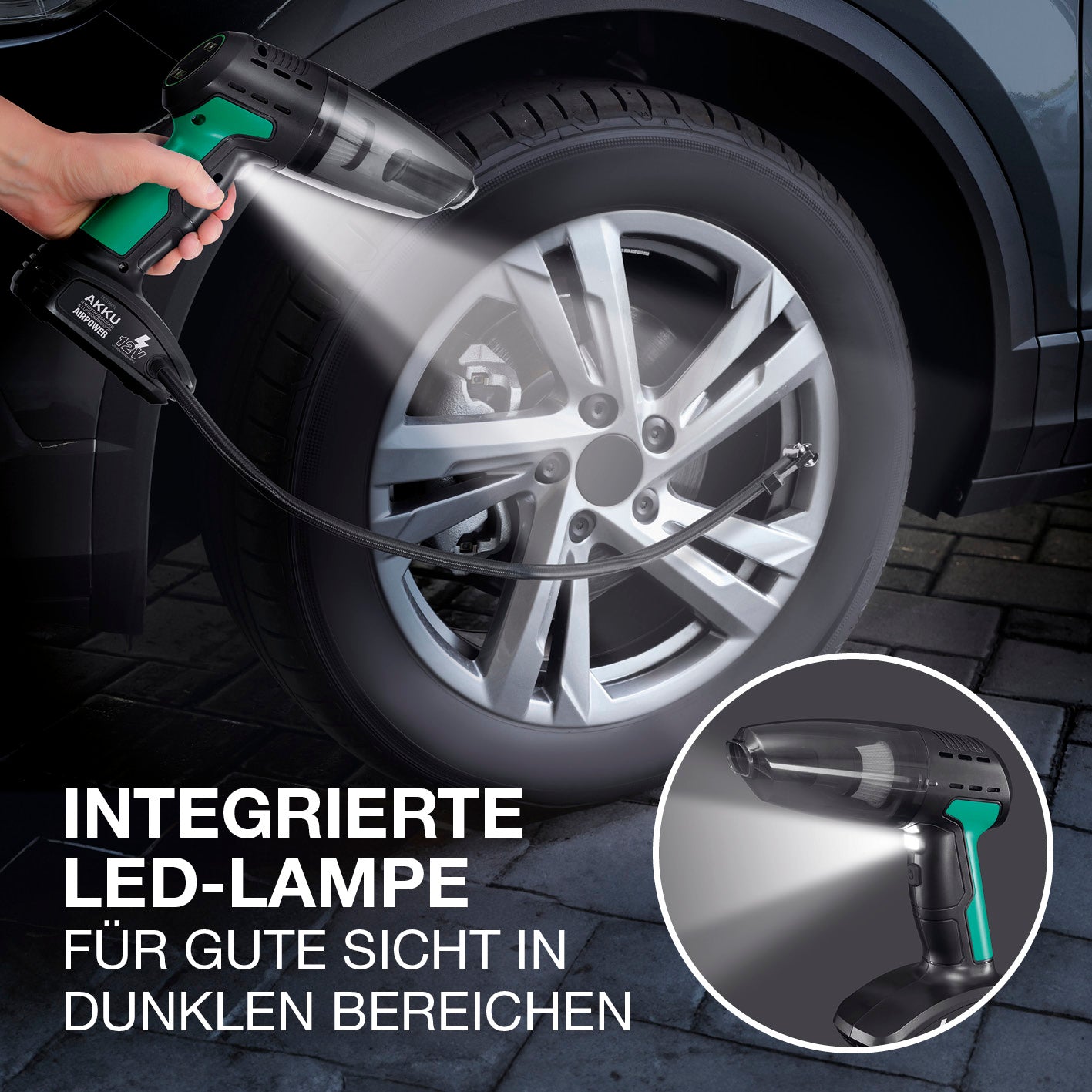 Akku-Handstaubsauger & Luftkompressor AirPower mit integrierter LED-Lampe für beleuchtetes Aufpumpen von Autoreifen in dunklen Bereichen.