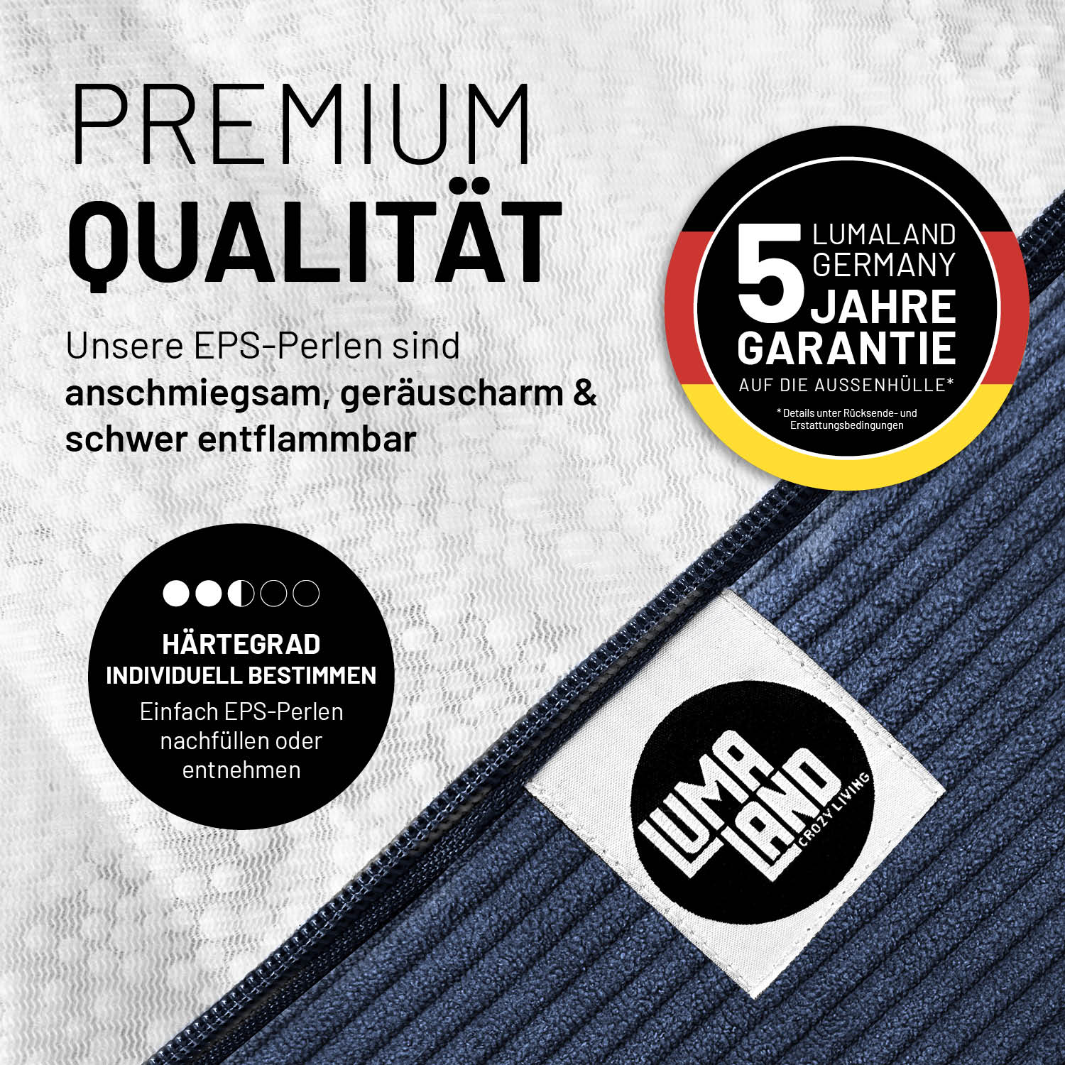 Detailaufnahme der Premiumqualität des Comfort Line Sitzsack Feincord XXL - 315 L - Dunkelblau mit EPS-Perlenfüllung und Logo.