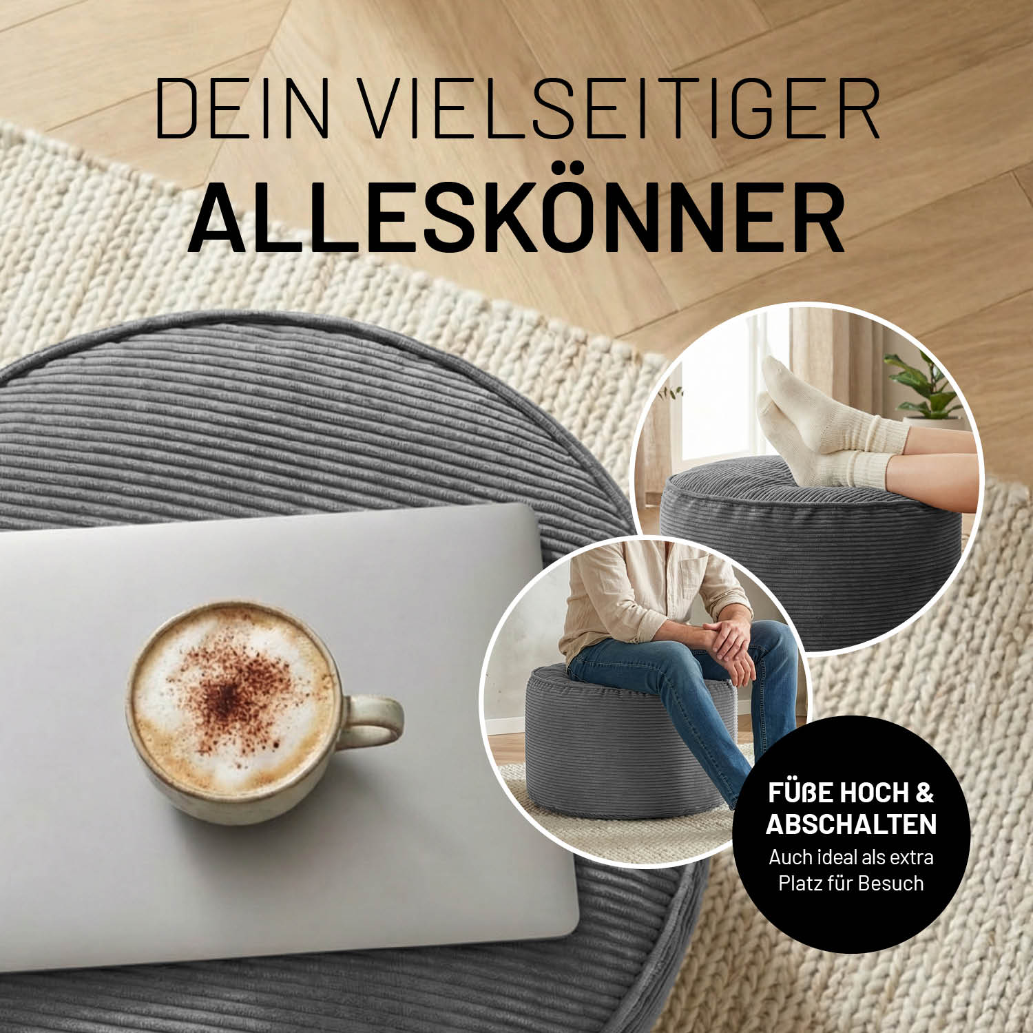 Comfort Line Pouf Feincord - 25 x 40 cm - 50 l - Grau