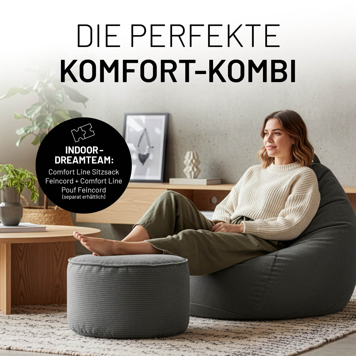 Comfort Line Pouf Feincord - 25 x 40 cm - 50 l - Grau