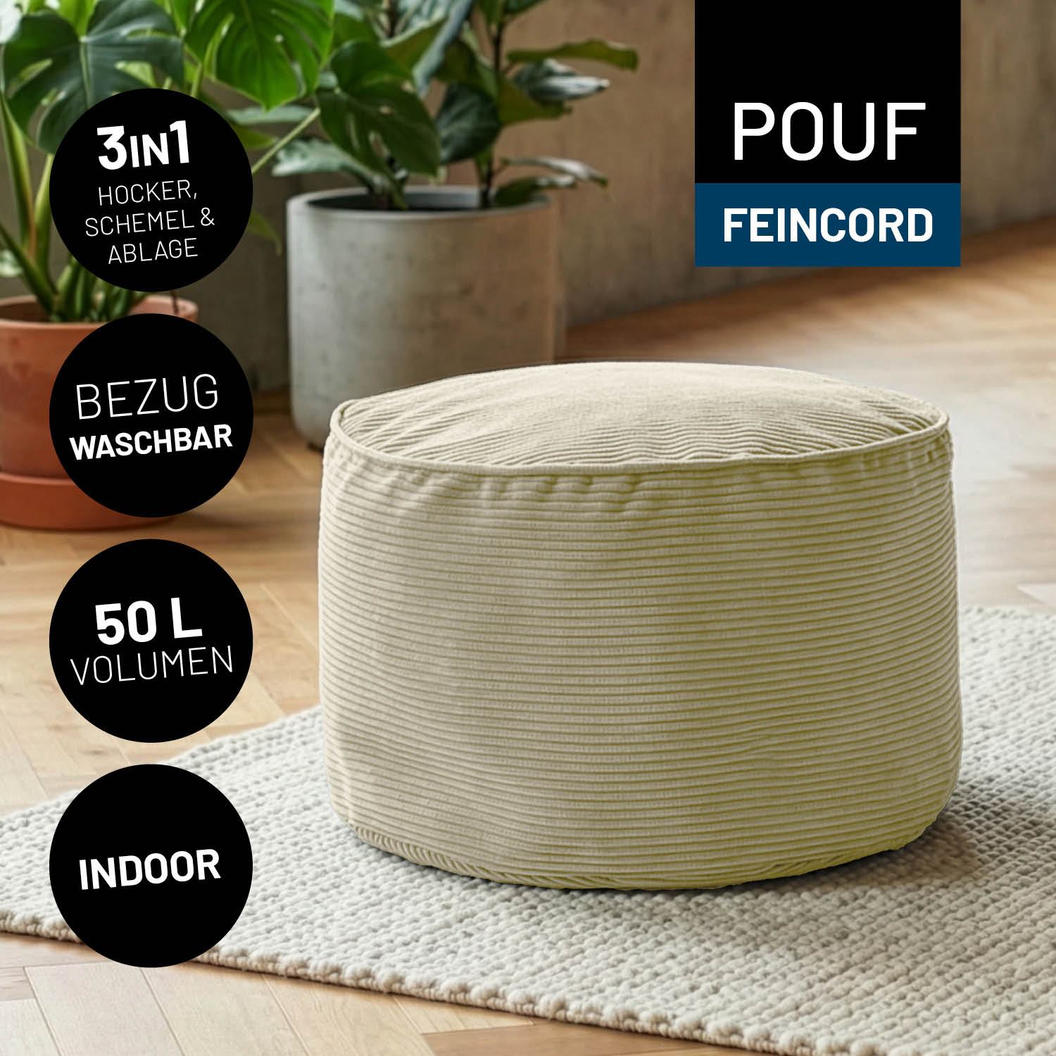 Comfort Line Pouf Feincord - 25 x 40 cm - 50 l - Beige