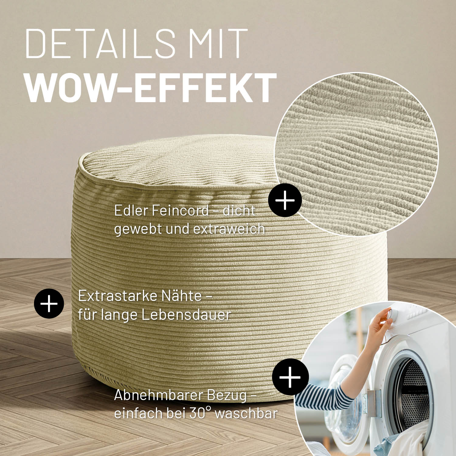 Comfort Line Pouf Feincord - 25 x 40 cm - 50 l - Beige