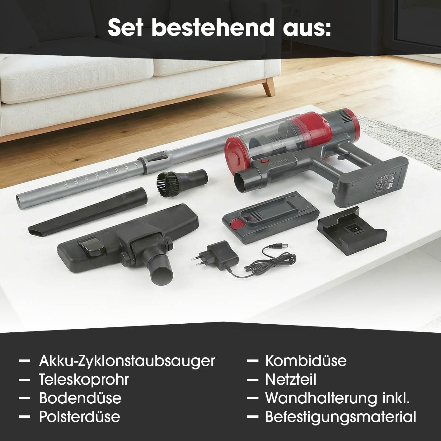 Akku-Zyklonstaubsauger - grau/rot