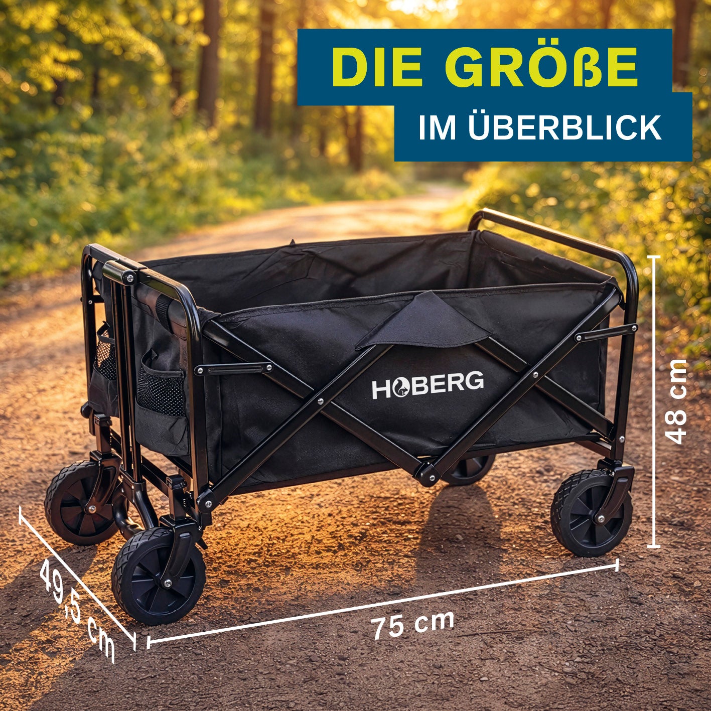 Klapp-Bollerwagen mit Bremsen - max. 80 kg, Bild 7, zeigt Maße 75x49,5x48 cm, robuster faltbarer Stahlrahmen, schwarze Nylonhülle