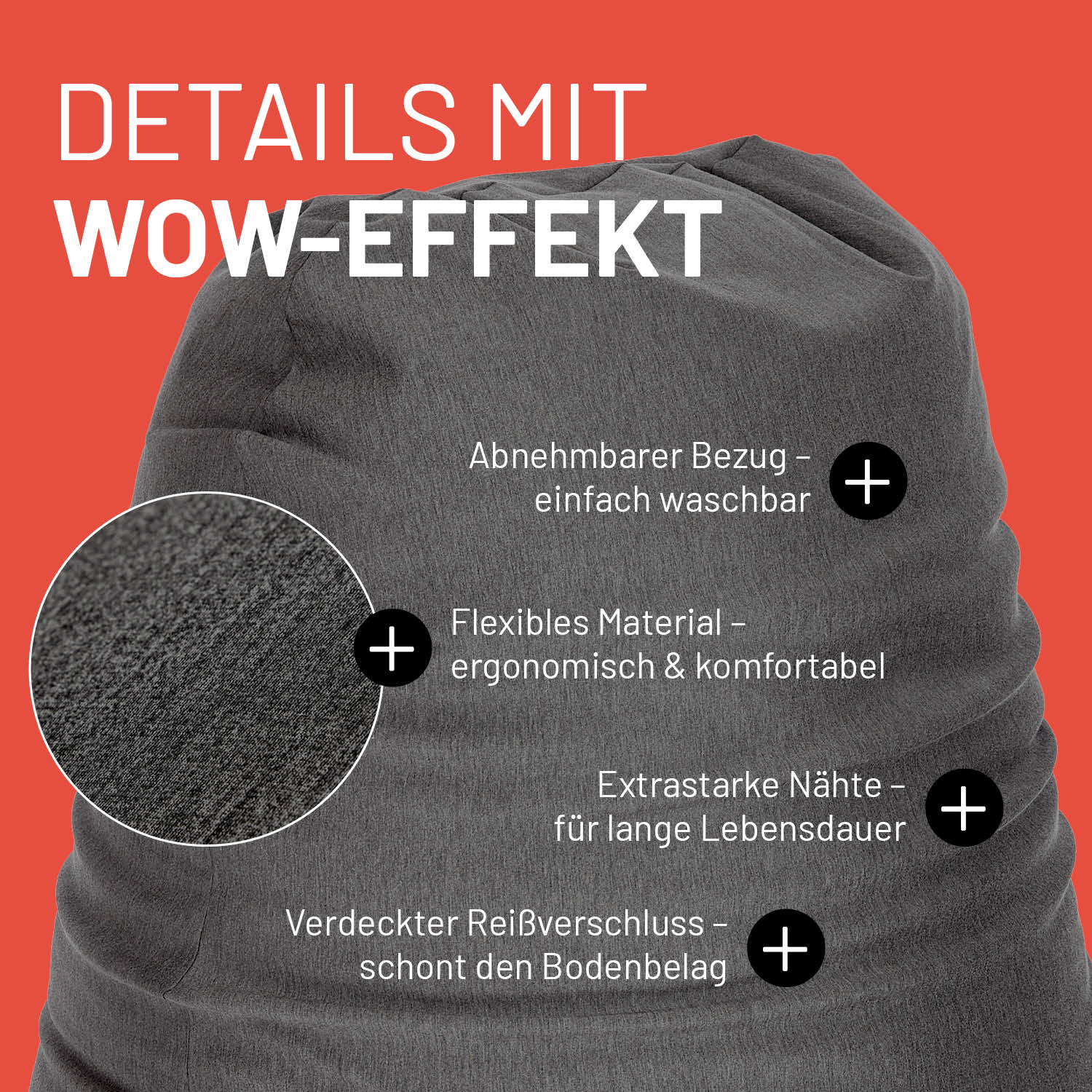 Flexi Comfort Sitzsack (380 L) Dunkelgrau mit flexiblem Material, abnehmbarem Bezug und extrastarken Nähten für hohen Komfort und Langlebigkeit.
