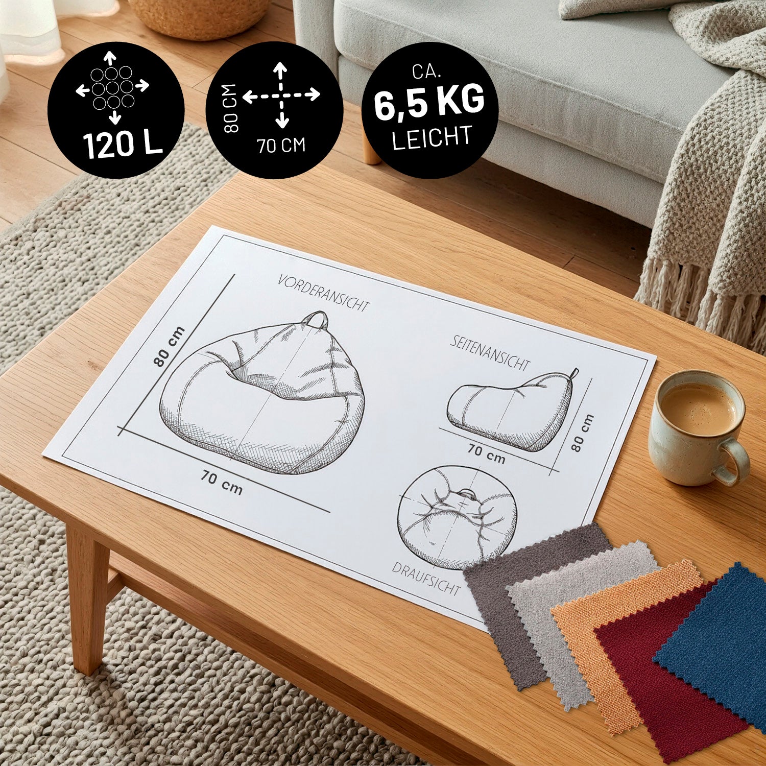 Comfort Line Sitzsack M (120 L) - indoor - Braun mit Maßen 70x80 cm, leicht ca. 6,5 kg, Stoffmuster auf Holztisch dargestellt.