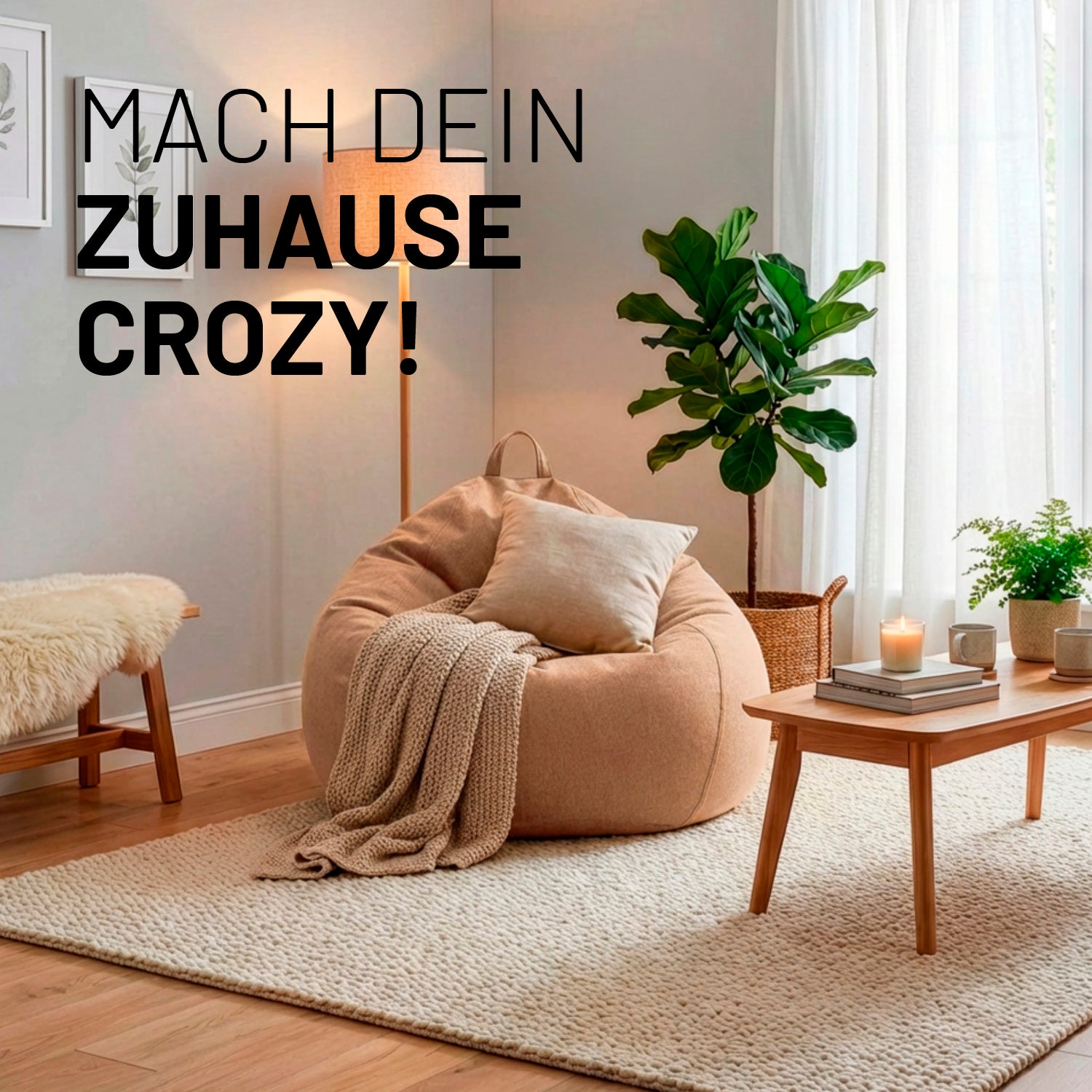 Comfort Line Sitzsack M (120 L) - indoor - Braun in modernem Wohnzimmer mit gemütlicher Deko und natürlichem Licht.
