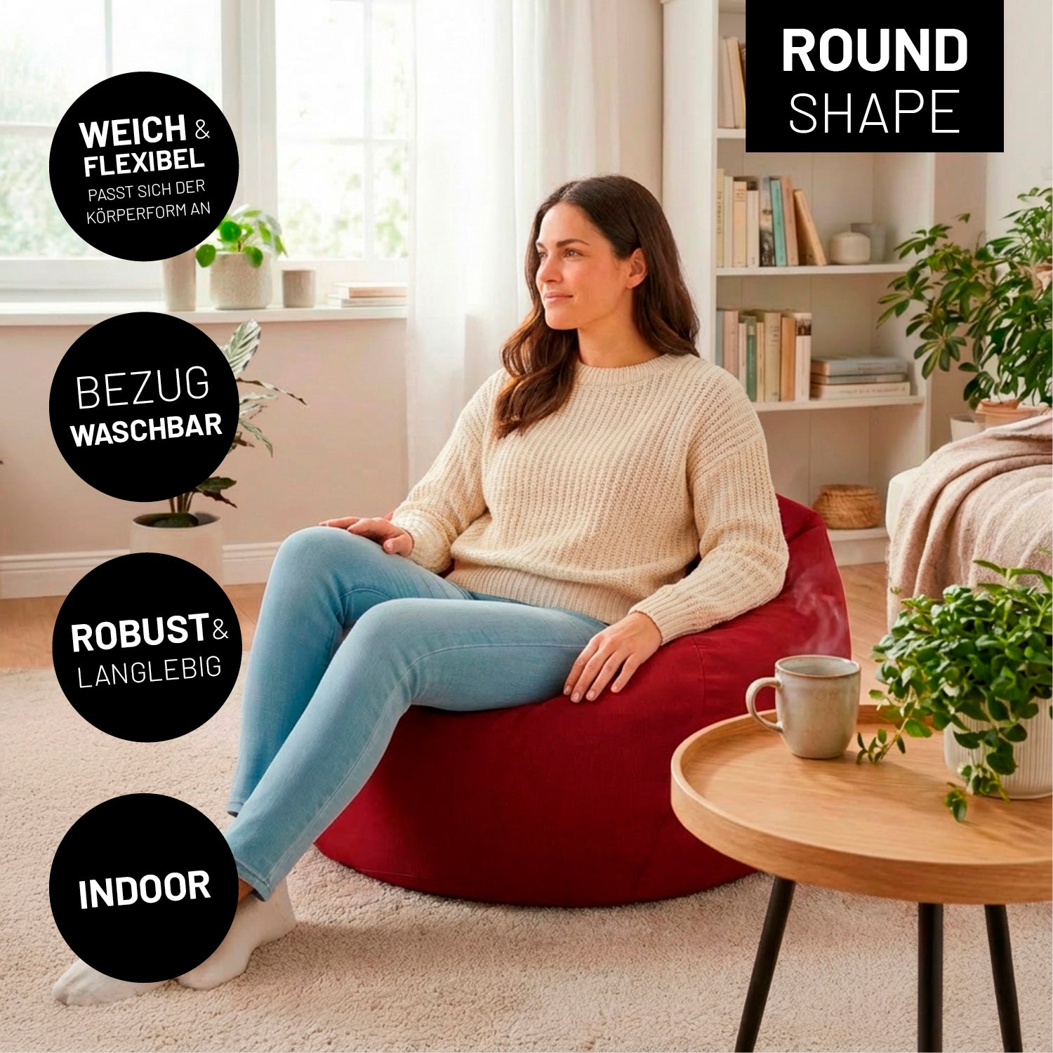 Comfort Line Sitzsack XL - 250 L - Rot in runder Form mit weichem, flexiblem Material, waschbarem Bezug, ideal für den Innenbereich.