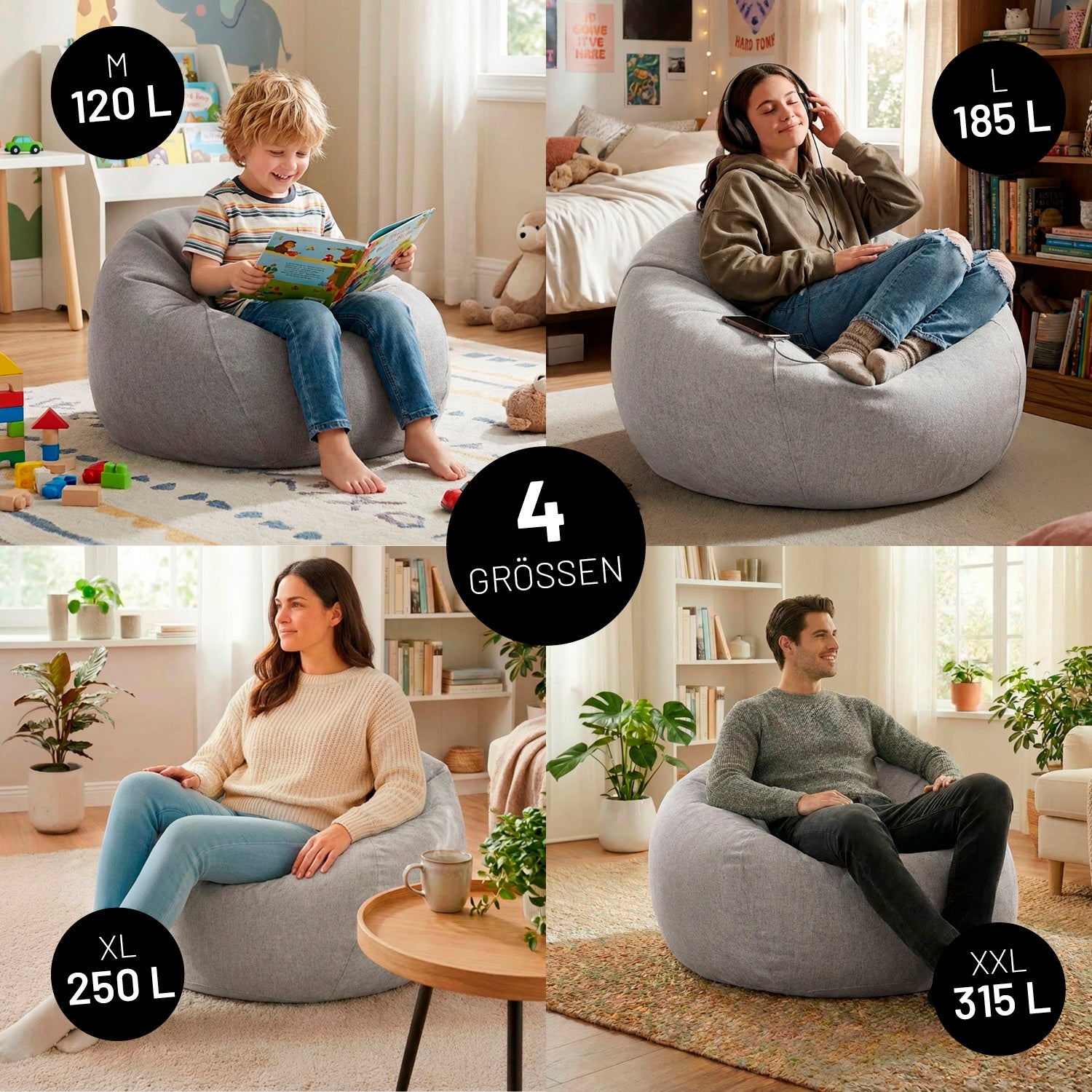 Comfort Line Sitzsack XXL (315 L) - indoor - Hellgrau in verschiedenen Größen mit modernem Design und weicher Haptik im Wohnbereich.