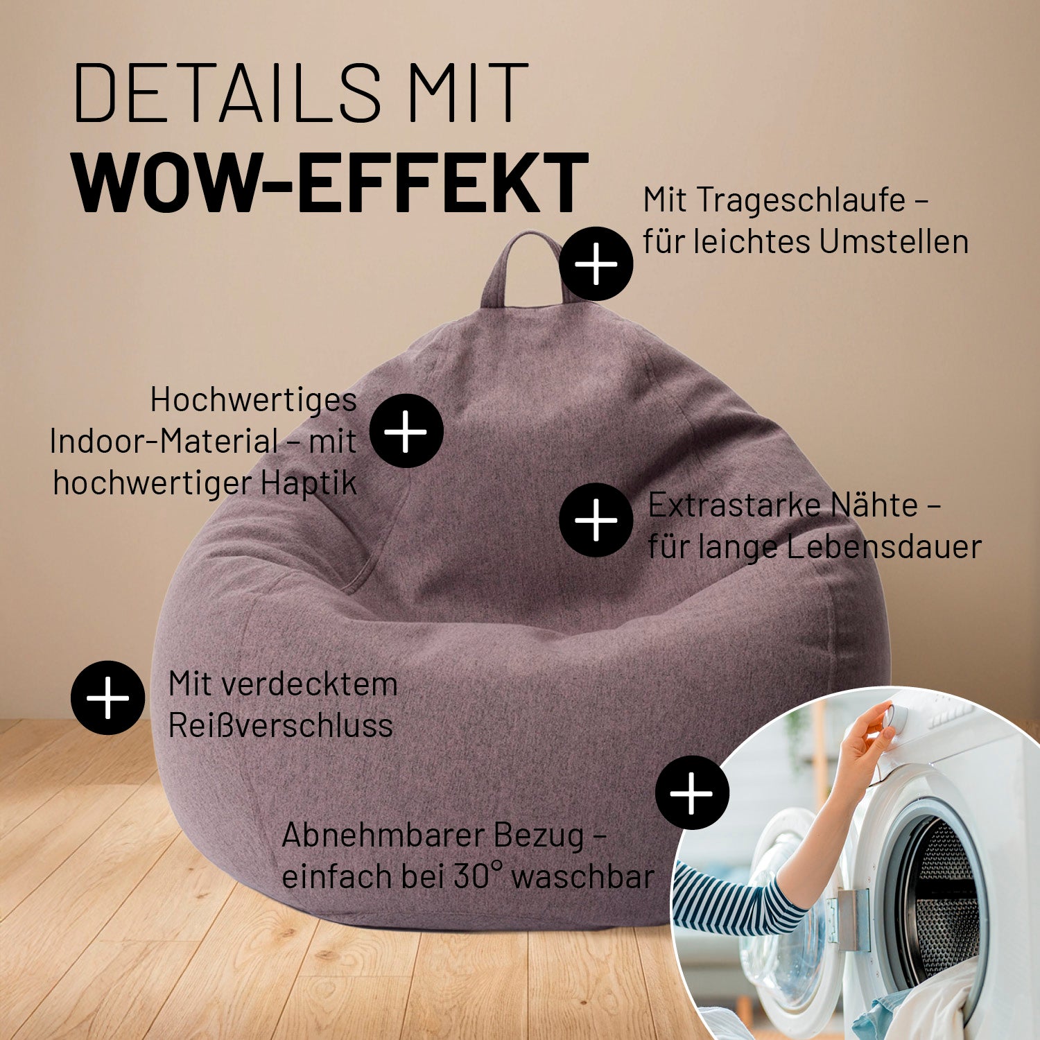 Comfort Line Sitzsack XXL (315 L) - indoor - Dunkelgrau mit hochwertigem Material, Trageschlaufe und abnehmbarem, waschbarem Bezug.