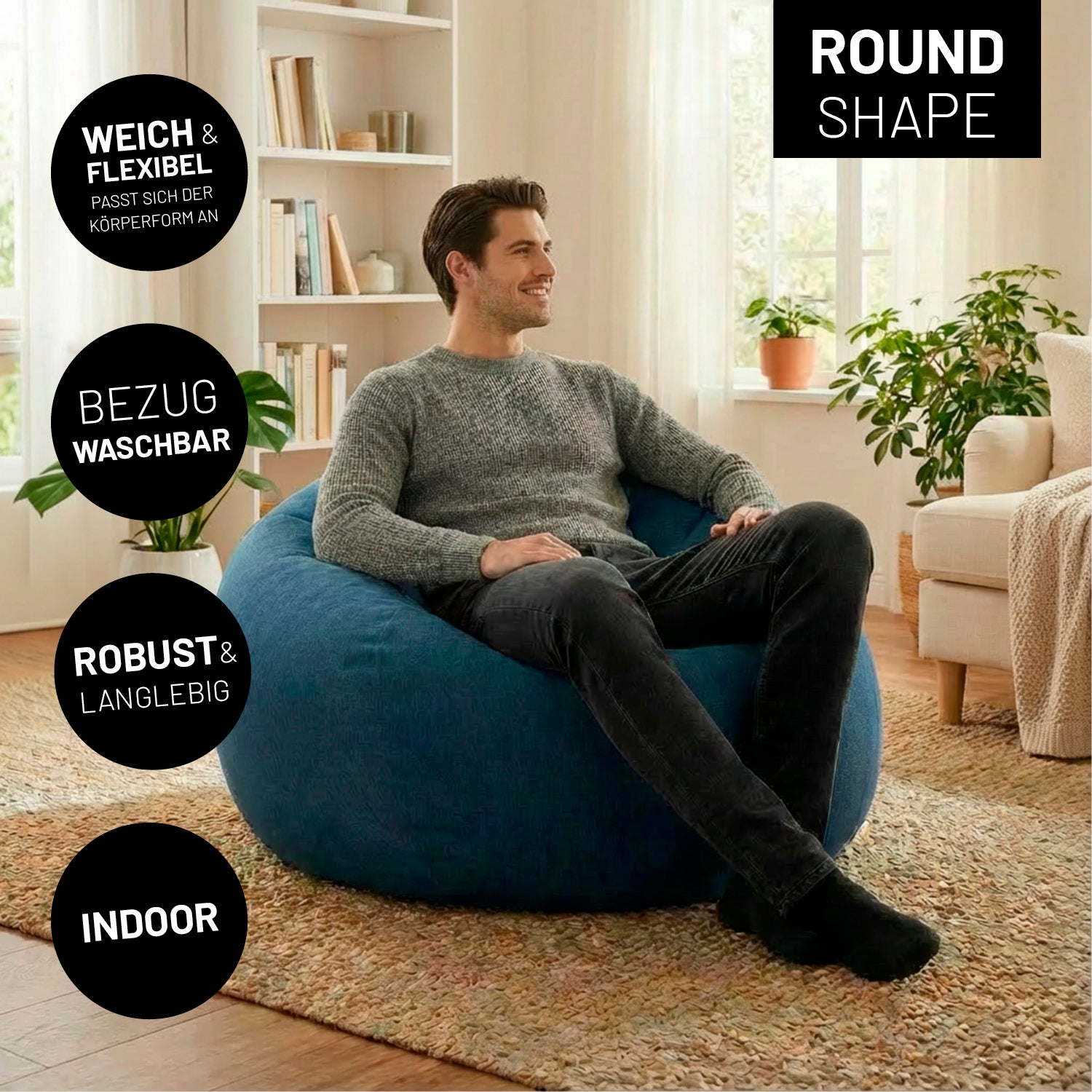Comfort Line Sitzsack XXL (315 L) - indoor - Dunkelblau, weicher, robuster Sitzsack mit rundem Design für entspanntes Sitzen im Wohnzimmer.