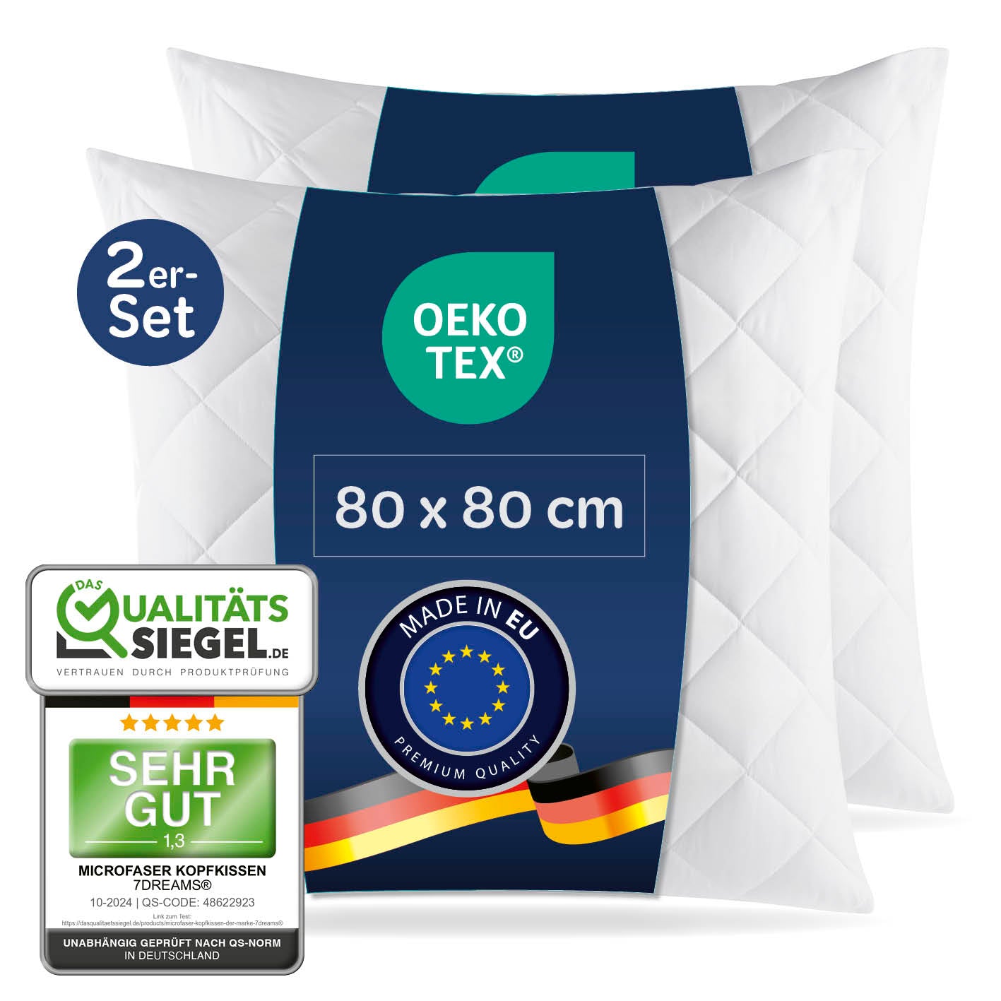 Microfaser Kopfkissen gesteppt - 80 x 80 cm - 2er-Set, allergikerfreundlich, waschbar bei 95°, Oeko-Tex zertifiziert, weiß.