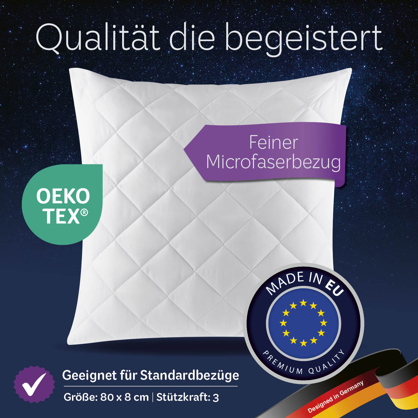 Microfaser Kopfkissen gesteppt - 80 x 80 cm - 2er-Set mit feinem Microfaserbezug, Oeko-Tex zertifiziert, made in EU, ideal für Allergiker.