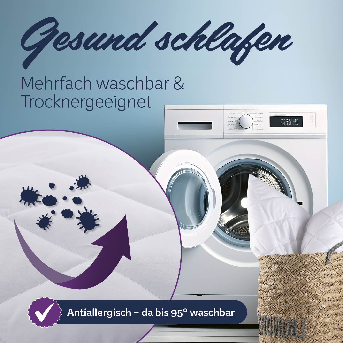 Microfaser Kopfkissen gesteppt - 80 x 80 cm - 2er-Set, antiallergisch, bis 95° waschbar, trocknergeeignet, pflegeleicht und formstabil.