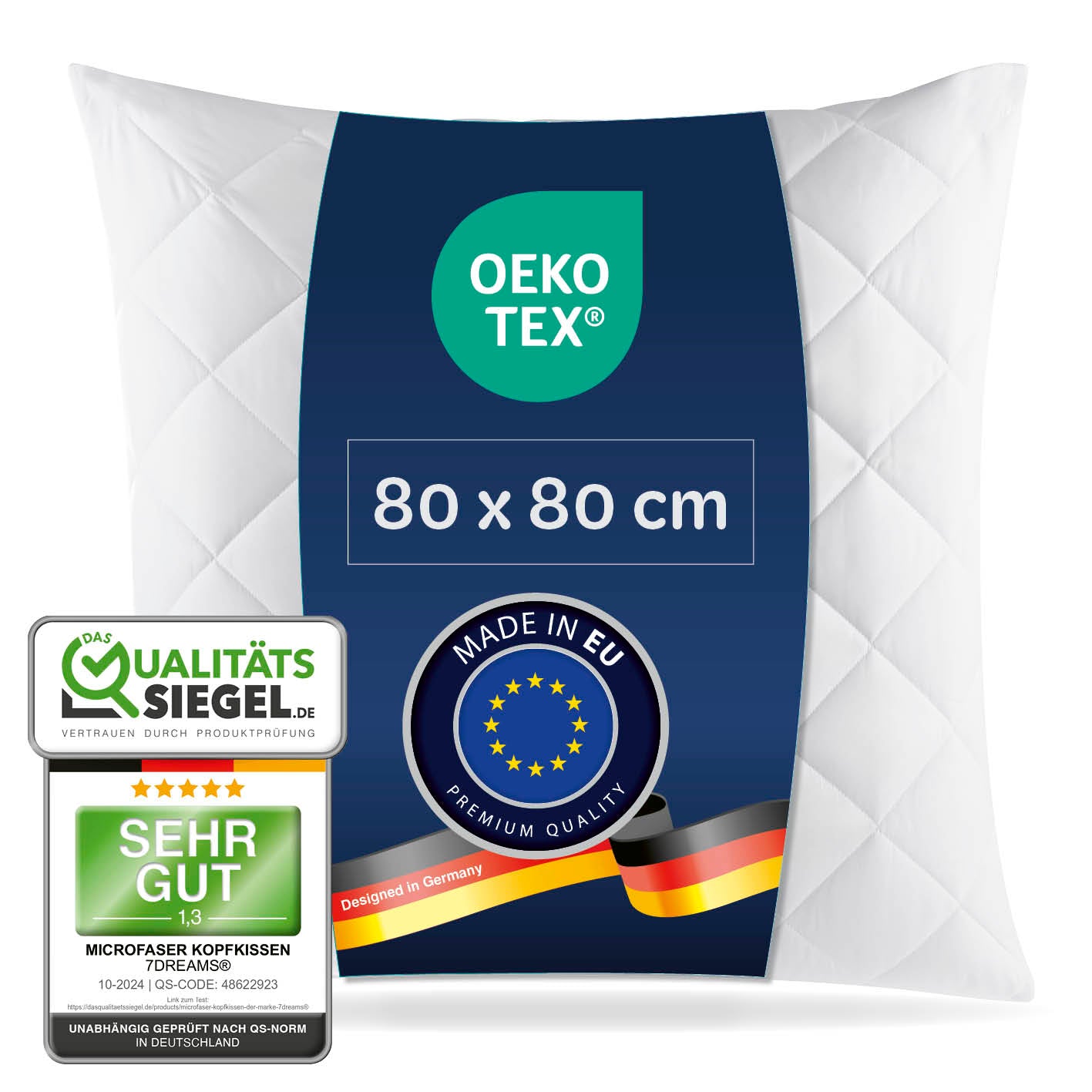 Microfaser Kopfkissen gesteppt - 80 x 80 cm, waschbar bei 95°, allergikerfreundlich, formstabil, Oeko-Tex zertifiziert, weiß.