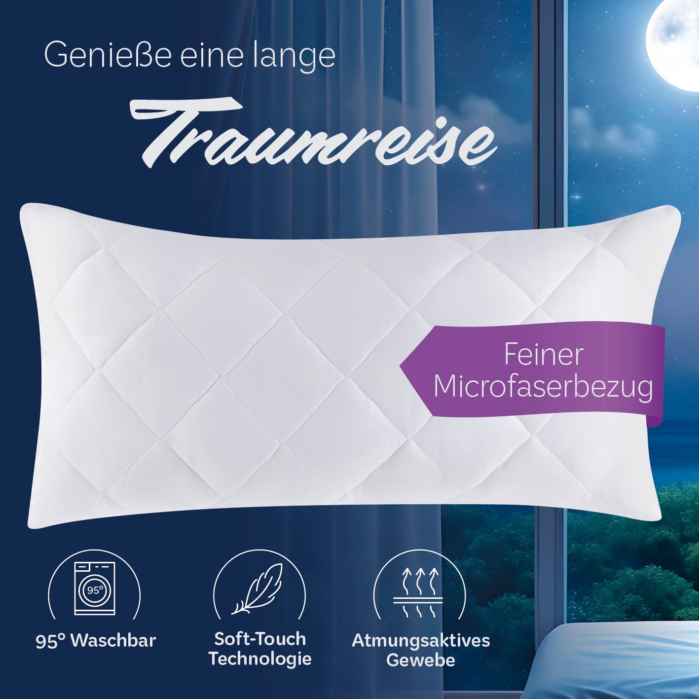 Microfaser Kopfkissen - Gesteppt - 40 x 80 cm - Weiß, weich, atmungsaktiv, 95° waschbar, formstabil und pflegeleicht für Allergiker.
