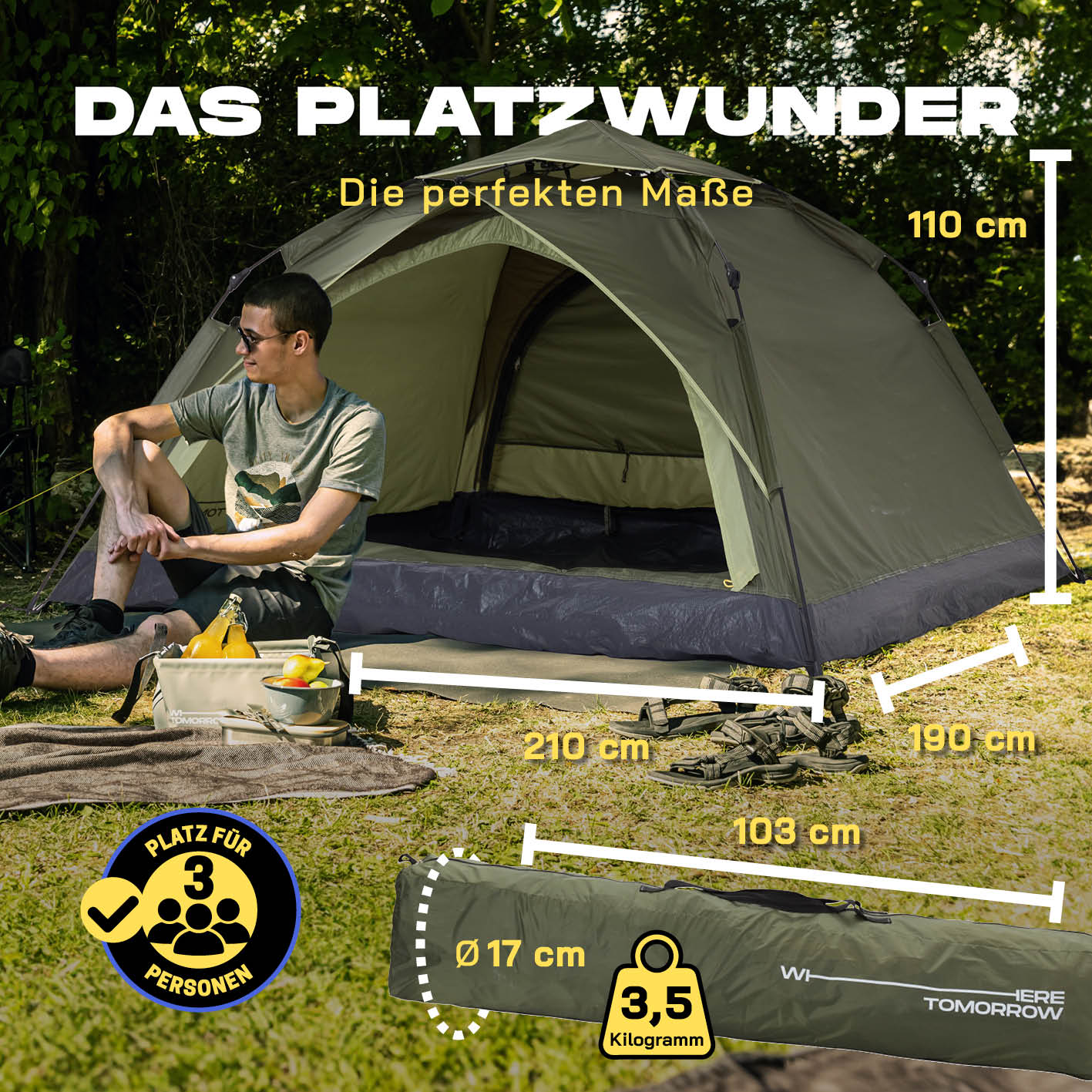 Pop Up Zelt - 3-Personen-Zelt mit Doppeltür, Maße 210x190x110 cm, grün, leichtes Trekkingzelt für schnellen Aufbau und Outdoor-Einsatz.