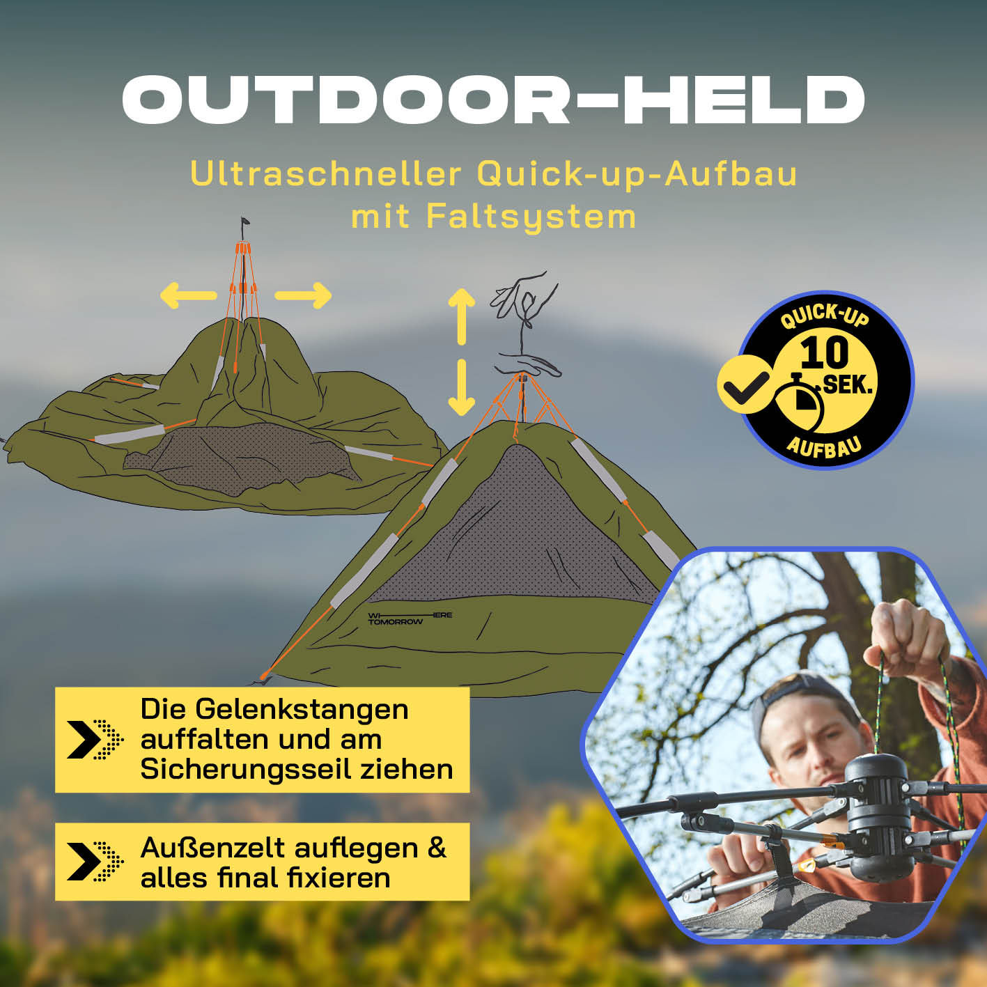 Pop Up Zelt - 3-Personen-Zelt mit Doppeltür, ultraschneller Quick Up Aufbau, faltbares, grünes Trekkingzelt 210x190x110 cm von Lumaland Outdoor.