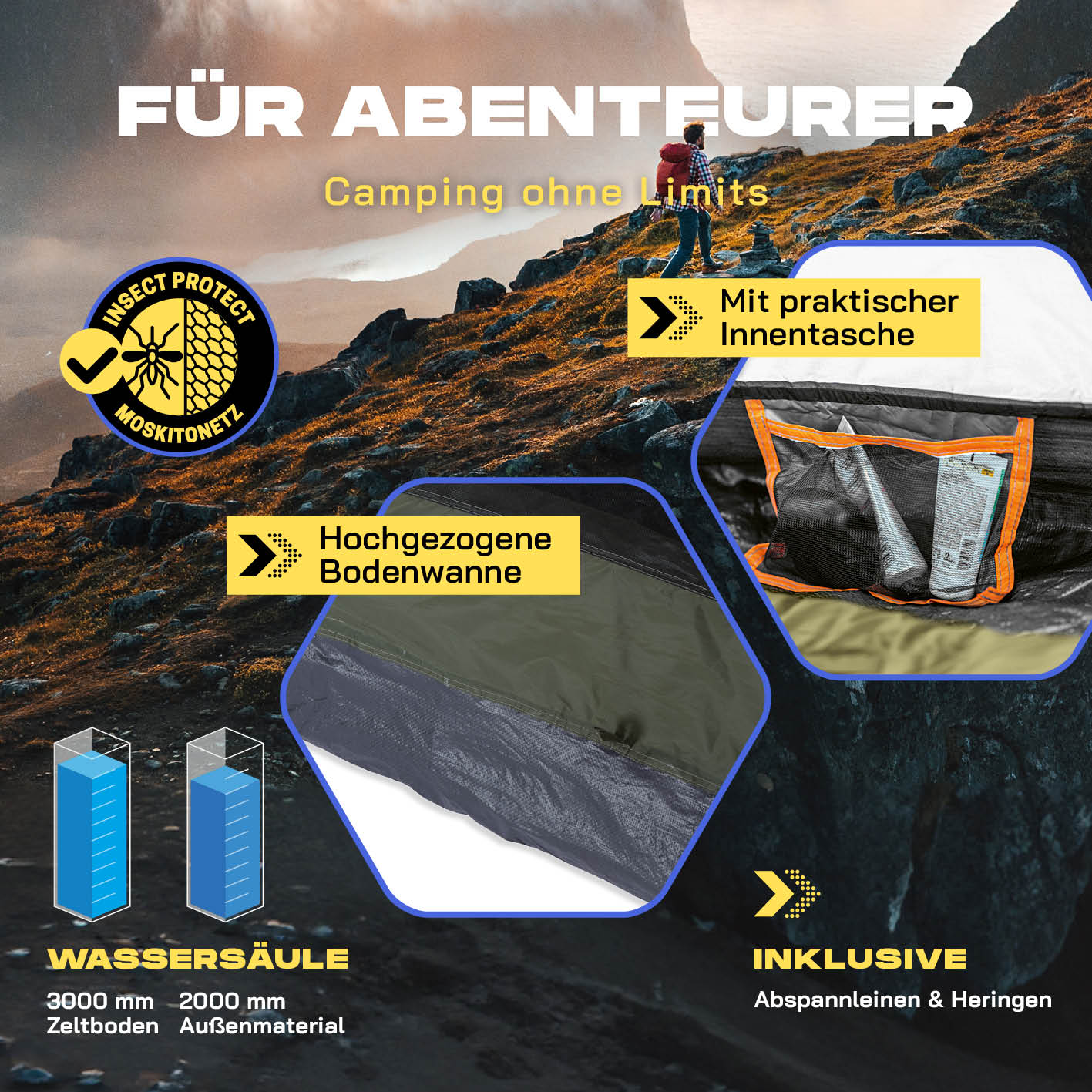 Pop Up Zelt - 3-Personen-Zelt mit Doppeltür, Moskitonetz, praktischer Innentasche und wasserfestem Material für Outdoor-Abenteuer.
