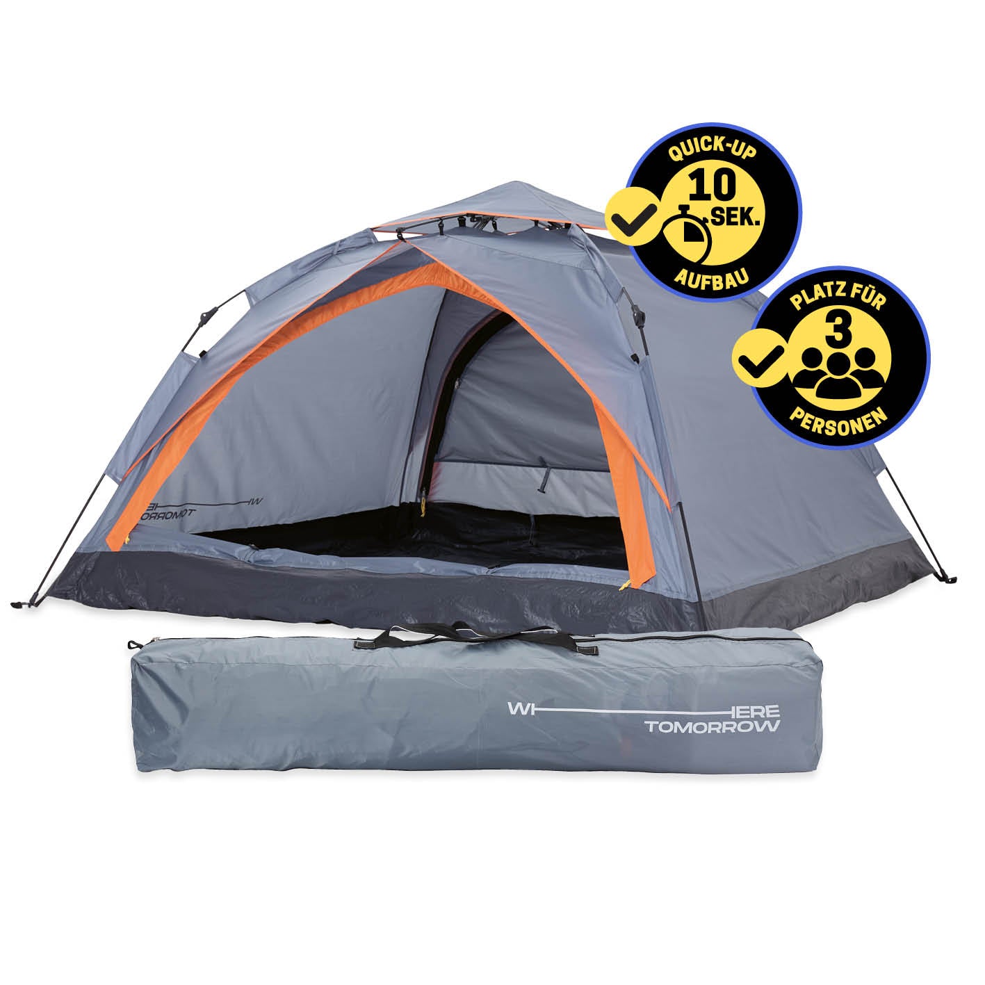 Pop Up Zelt - 3-Personen-Zelt mit Doppeltür, ultrakurzer 10-Sekunden Aufbau, wetterfest, 210x190x110 cm, Grau von Lumaland Outdoor.