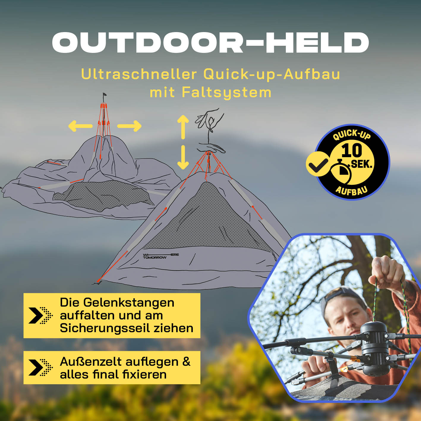 Pop Up Zelt - 3-Personen-Zelt mit Doppeltür von Lumaland, ultraschneller Quick Up Aufbau, wasserdicht, mit Moskitonetz, grau.
