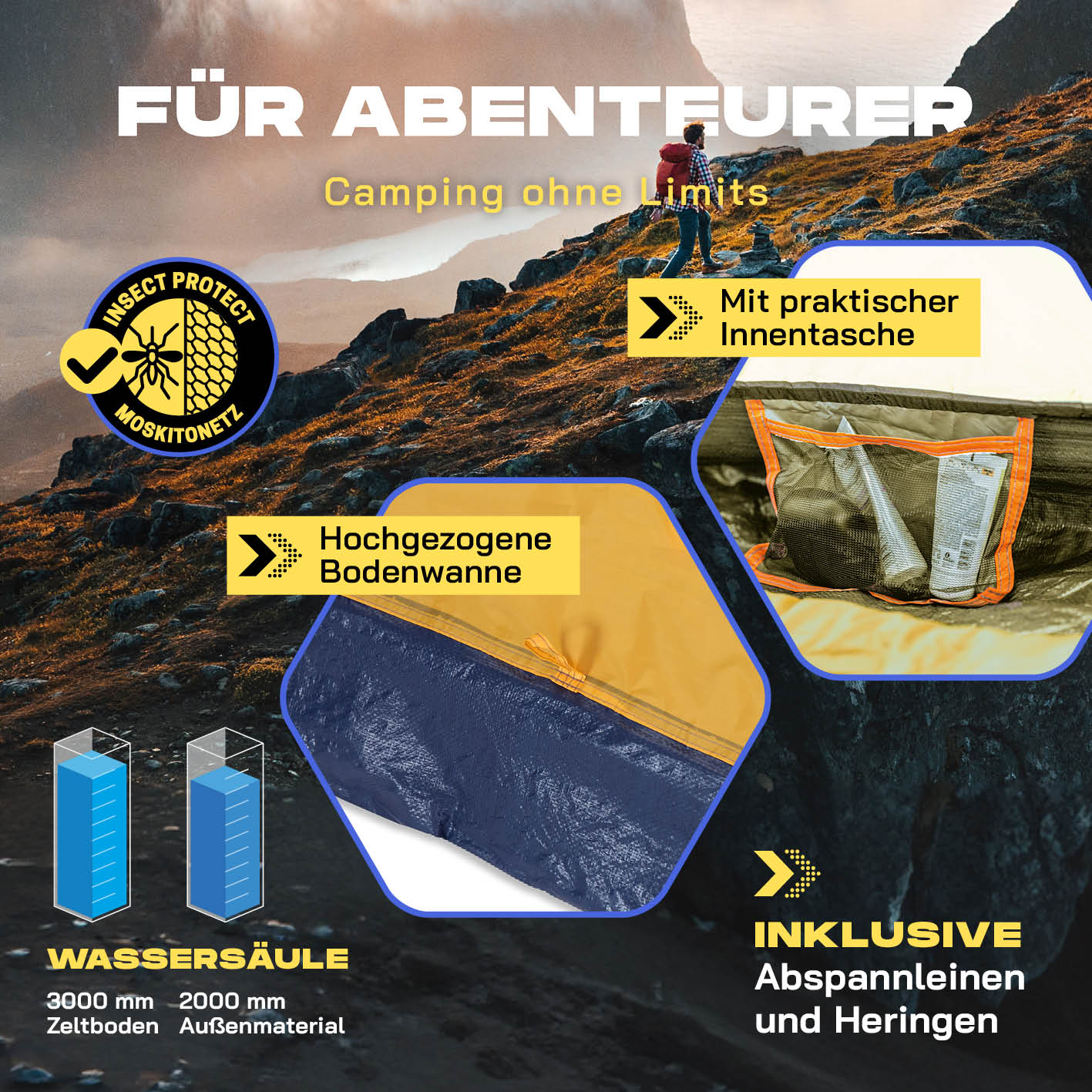 Pop up Wurfzelt für 3 Personen - Gelb mit Moskitonetz, hoher Bodenwanne und praktischer Innentasche für vielseitiges Camping.