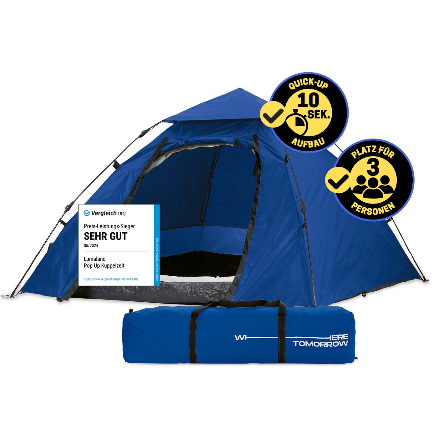 Pop up Kuppelzelt für 3 Personen - Blau, leichtes, wasserdichtes Zelt mit schnellem Aufbau in 10 Sekunden, ideal für Outdoor und Reisen.