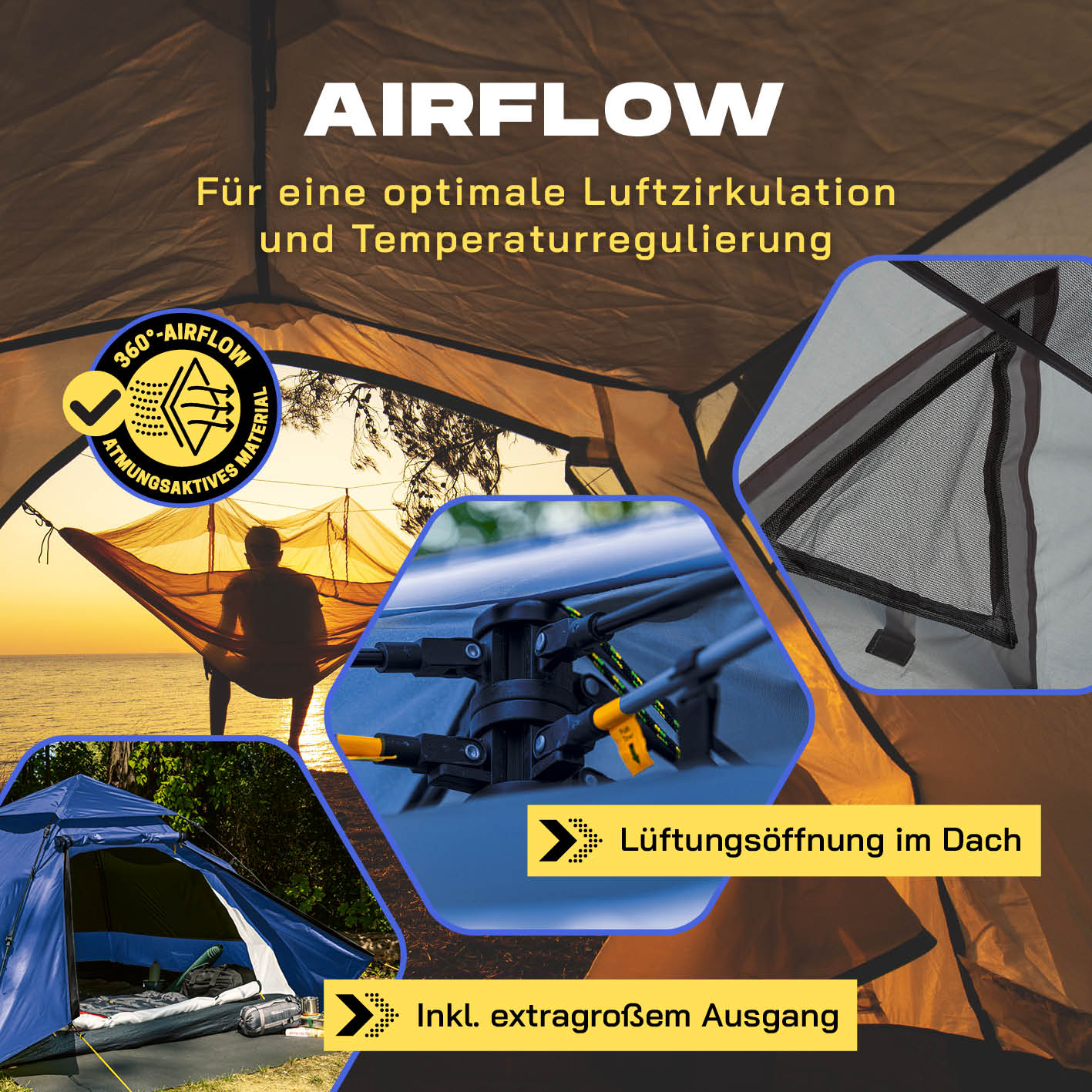 Pop up Kuppelzelt für 3 Personen - Blau mit 360° Luftzirkulation, Lüftungsöffnung im Dach und extragroßem Ausgang.