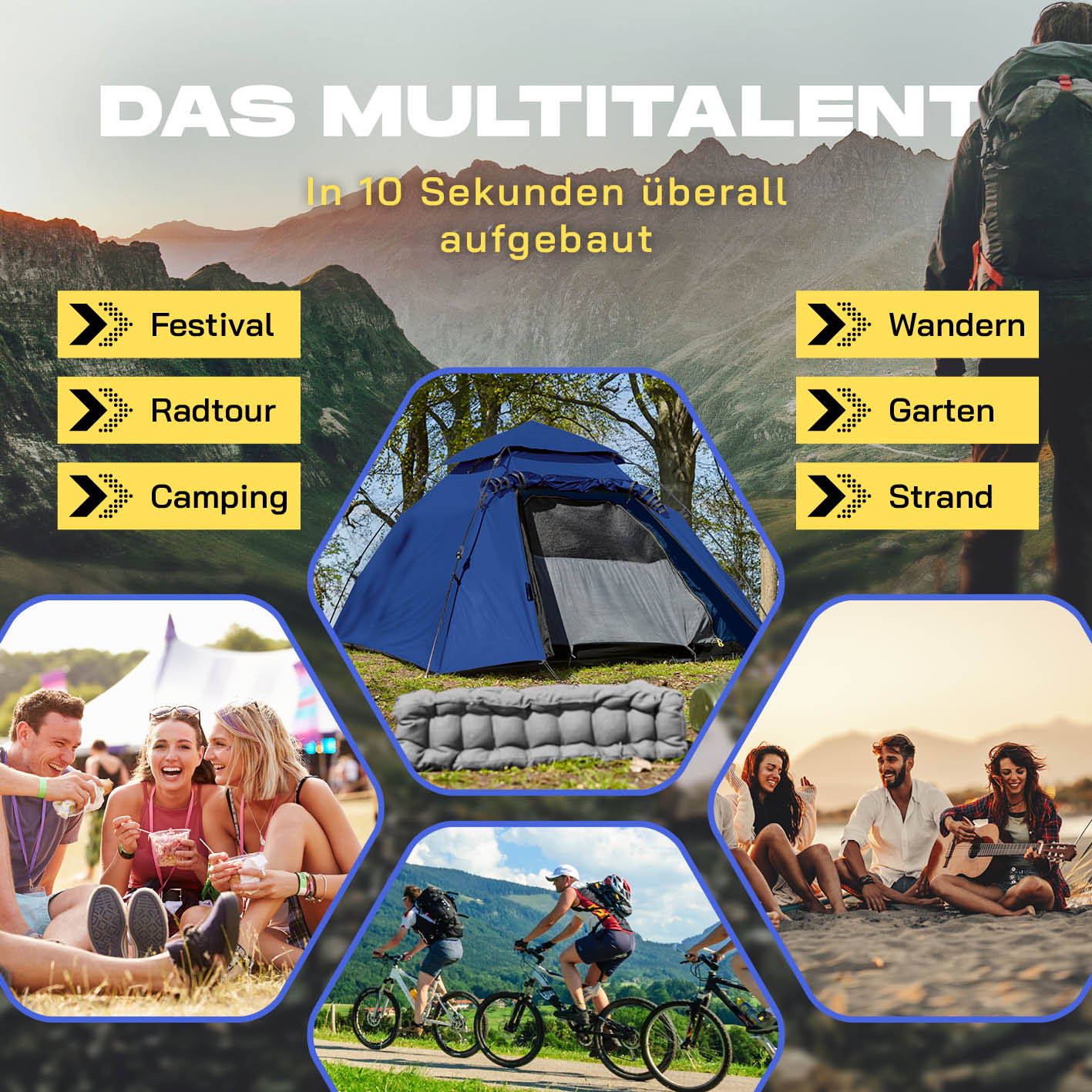 Pop up Kuppelzelt für 3 Personen - Blau, leichtes, schnelles Outdoor-Zelt für Festival, Camping, Strand und Wandern.