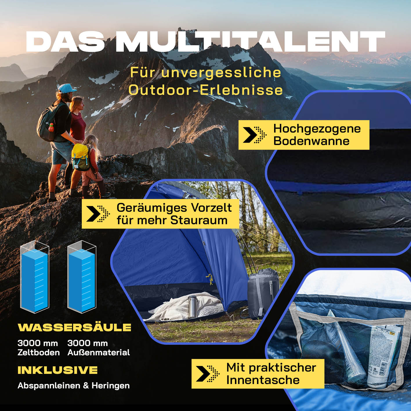Pop up Familienzelt für 3 Personen - ca. 220 x 220 x 130 cm - Blau mit geräumigem Vorzelt, Innen Tasche und hochgezogener Bodenwanne.
