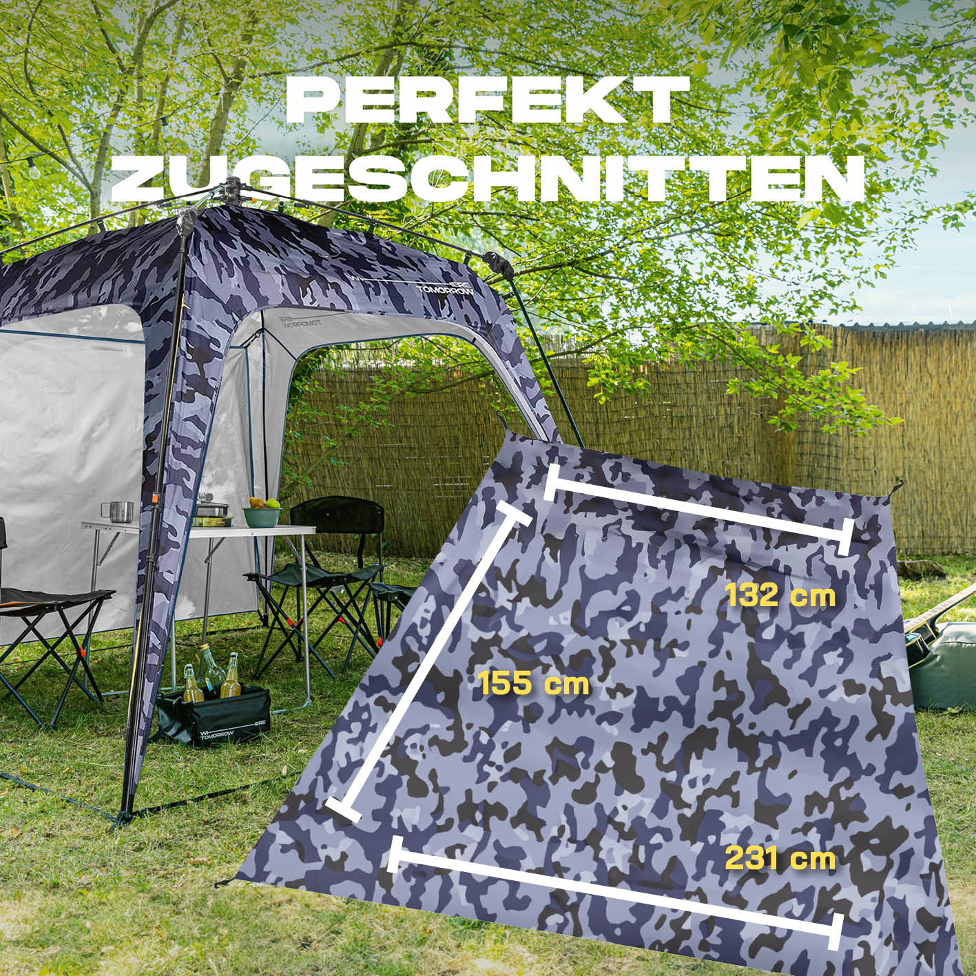 Pop Up Pavillon Gartenzelt - Seitenwand Camouflage-Grau, 190T Polyester, wind- und wetterfest, Maße 155x132x231 cm.
