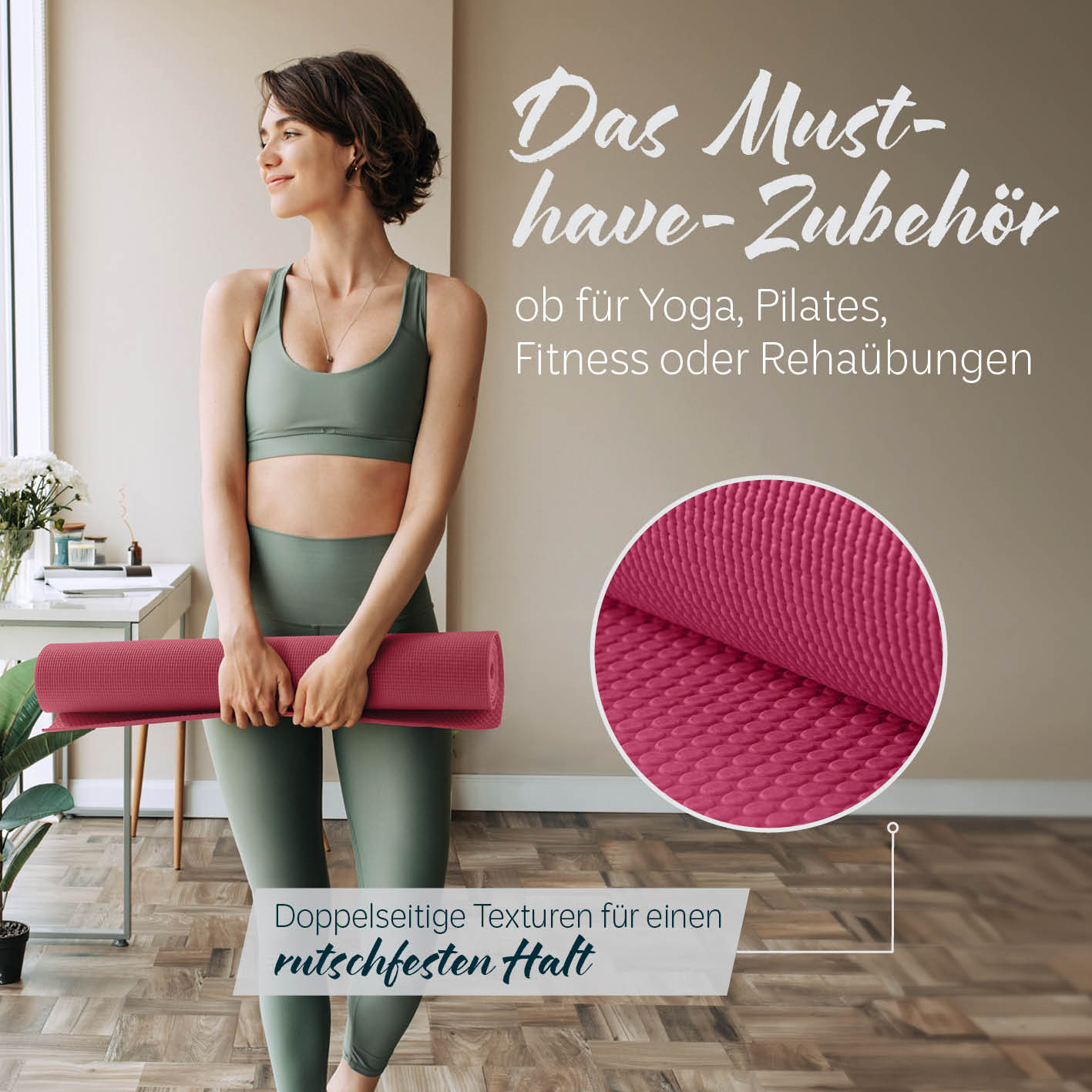 Yogamatte Kirana - 183 x 61 x 0,4 cm - Altrose, rutschfest, weich, ECO-PVC, ideal für Yoga, Pilates, Fitness und Rehabilitation.